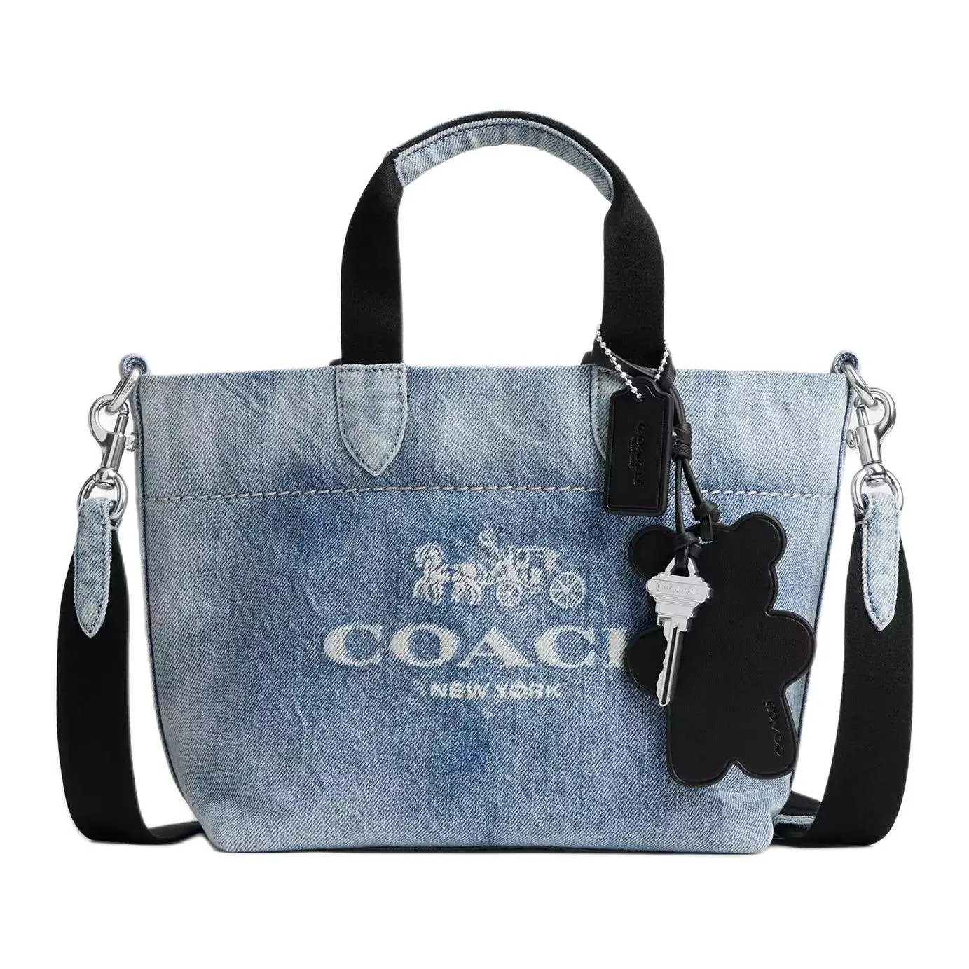 COACH Tour 20 Classic Coach Horse Carriage Logo Denim and Smooth Leather Tote Bag for Men and Women, Small Size, Light Indigo Blue