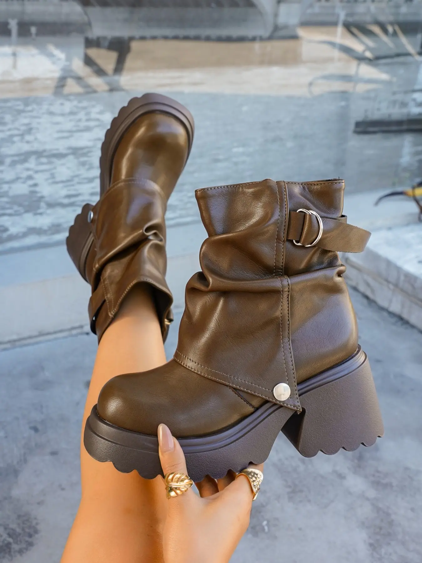 New Maroon Stack Boots for Women, Chunky Heel Short Calf Boots, Irregular Pleats Street Style, Fall & Winter PU Leather Rubber Sole Boot Heels, Thick Heeled Boots