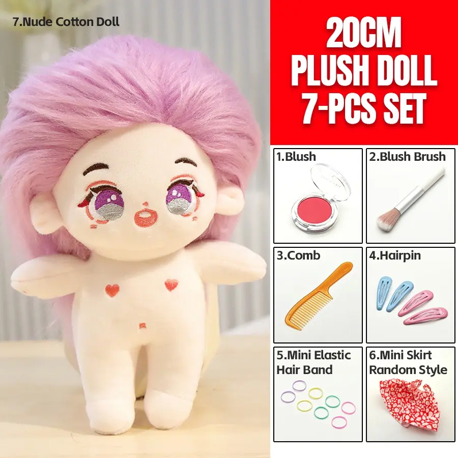 20cm Plush Cotton Doll DIY Set - Complete 7-Piece Set with Bare Doll, Blush Powder, Blush Brush, Comb, 2 Pairs Hair Clips, 8 Elastic Hair Ties & Cute Floral Dress - Kawaii Dress-Up Toy Gift for Girls, DIY Craft Enthusiasts & Doll Collectors, Doll Playset
