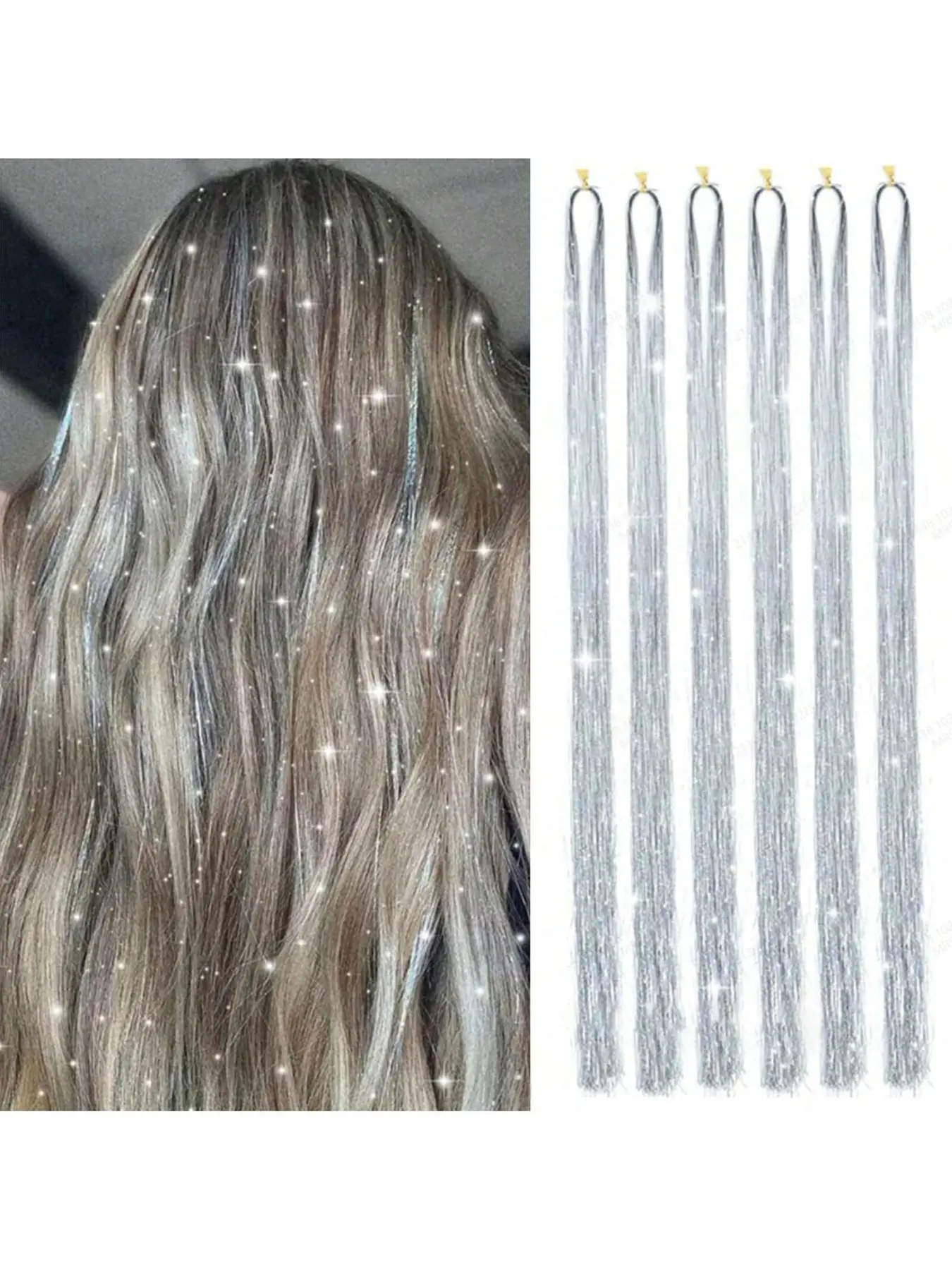 6 strands of silver laser-illuminated shimmering hair sequins, a set of fairy-like braided hair sequin accessories for girls and young girls, holographic colorful heat-resistant glowing hair sequins, festive party and holiday-themed hair ornaments