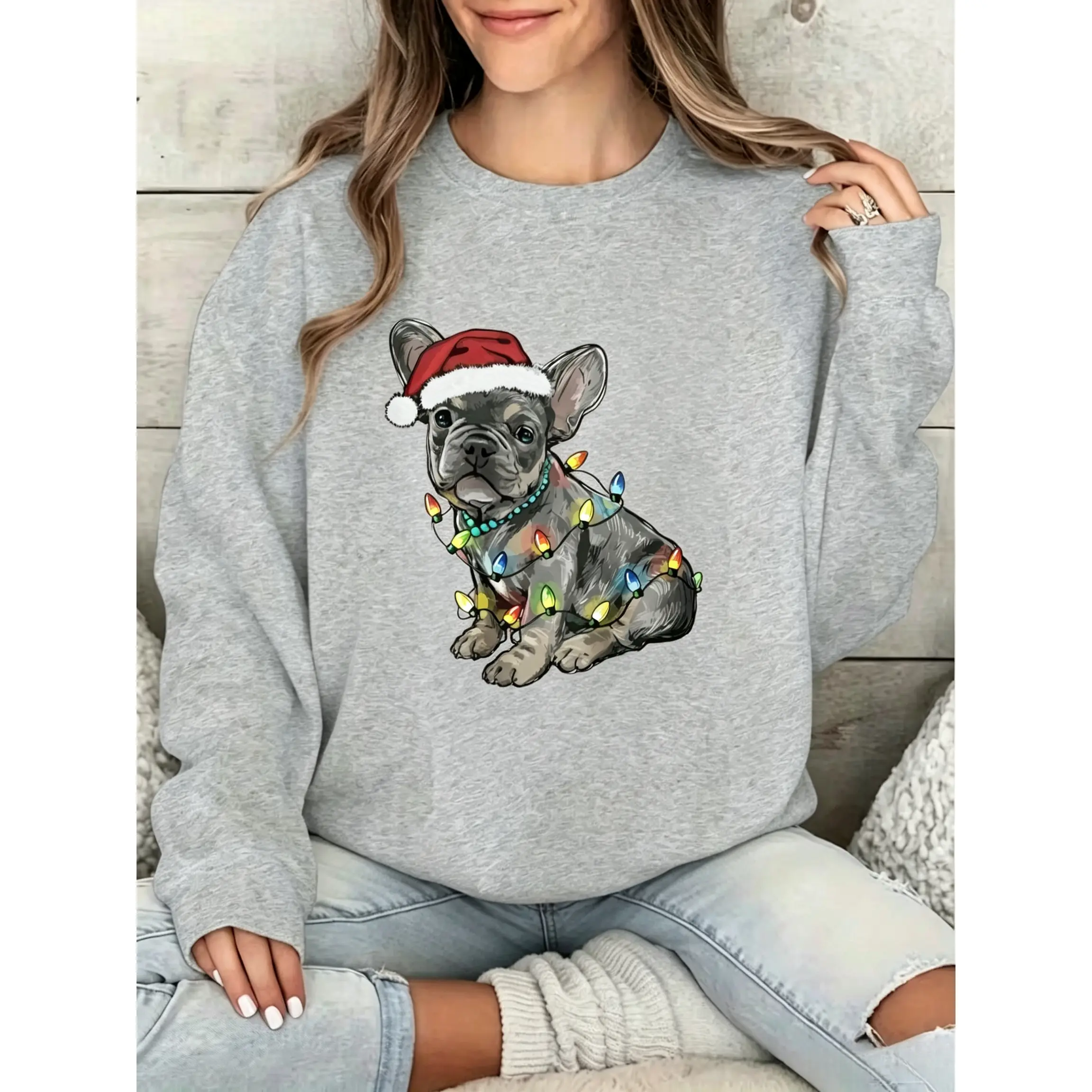 Women's Casual Fashion Sweatshirt French Bulldog Wearing Santa Hat And Christmas Lights Design print, suitable for autumn and winter round neck sweatshirt