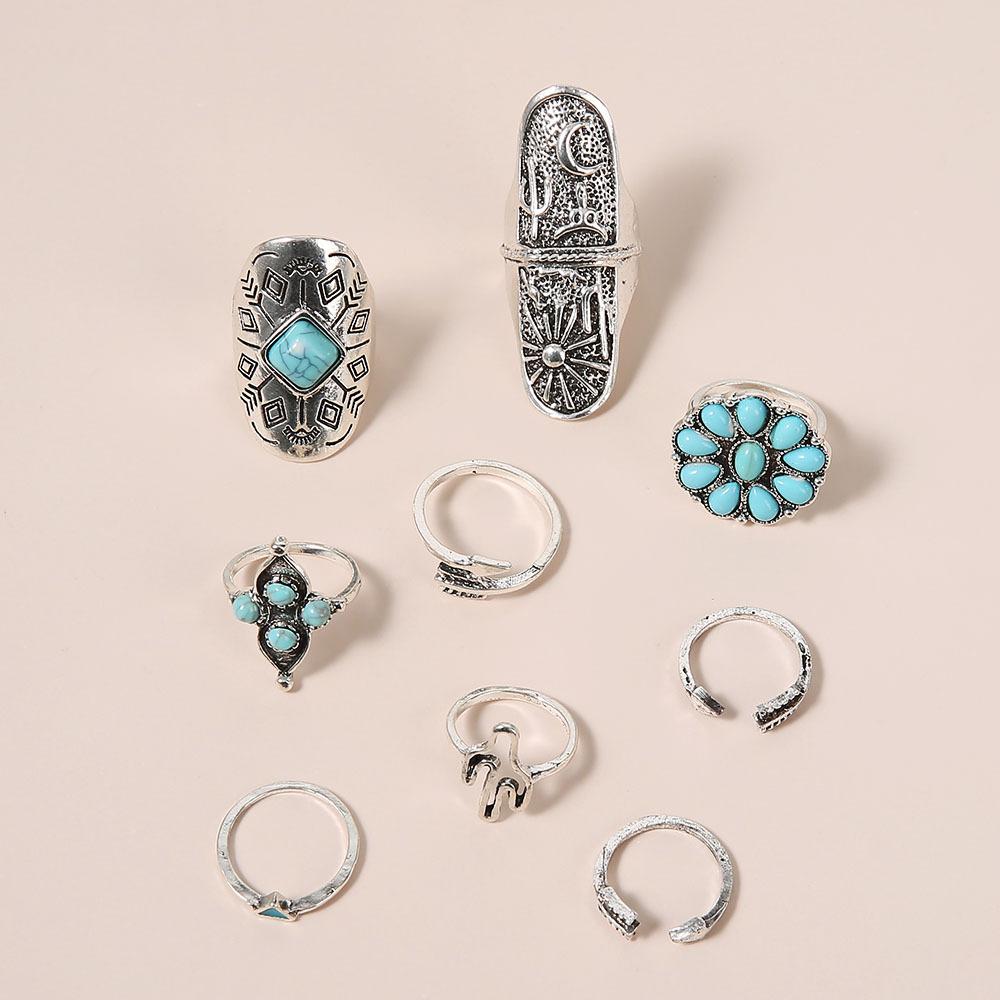 Vintage 9Pcs Turquoise Cactus Sunflower Ring Set for Women | Boho Western Style Silver Tone Alloy Stackable Rings | Bohemian Retro Statement Jewelry for Daily & Festival Wear