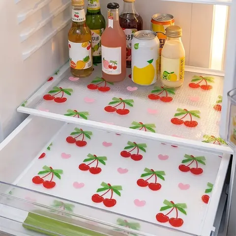 4pcs/8pcs Waterproof Feature Refrigerator Pads, Cherry Pattern, Moisture Resistant, Non Slip, Washable, Reusable, Reuse, Eva Material, Kitchen Decor