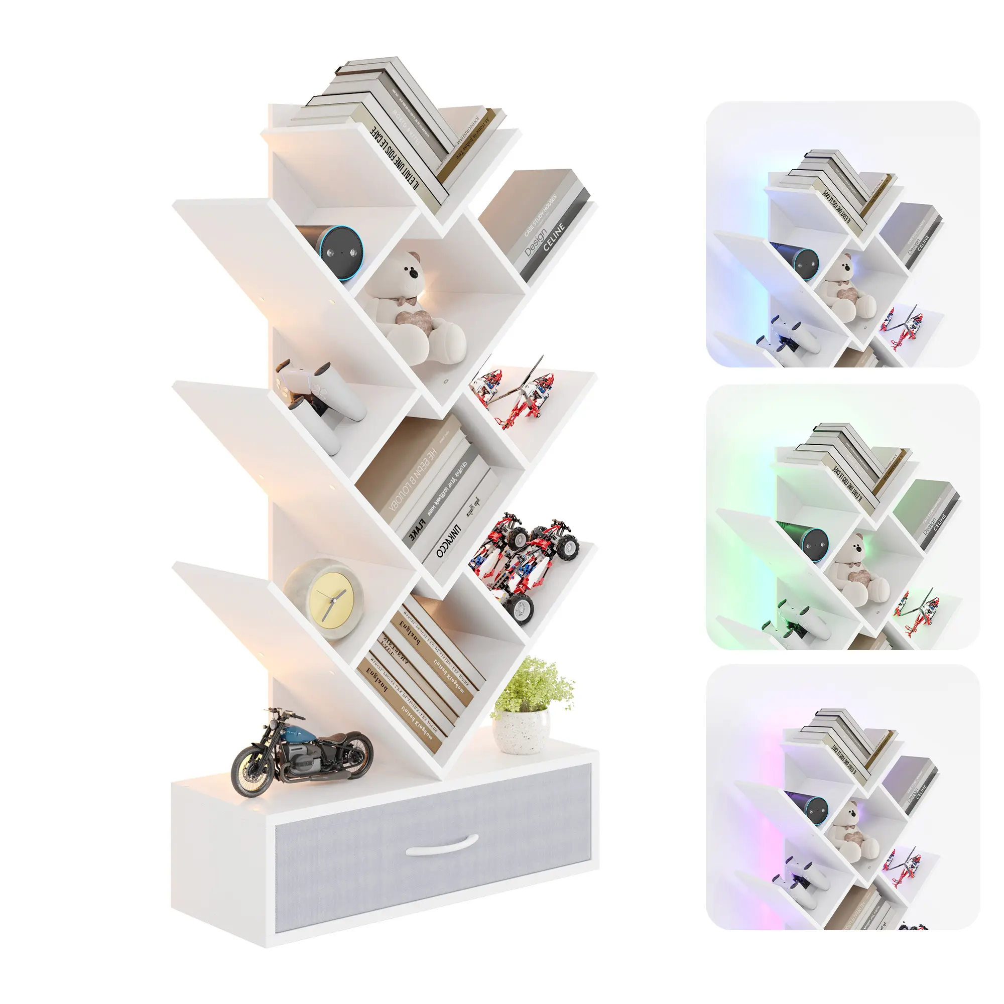 Tree-type office shelf with LED lights – 7-level vertical bookcase with drawer – Space saving and modern decor – Ideal for living room, bedroom or office