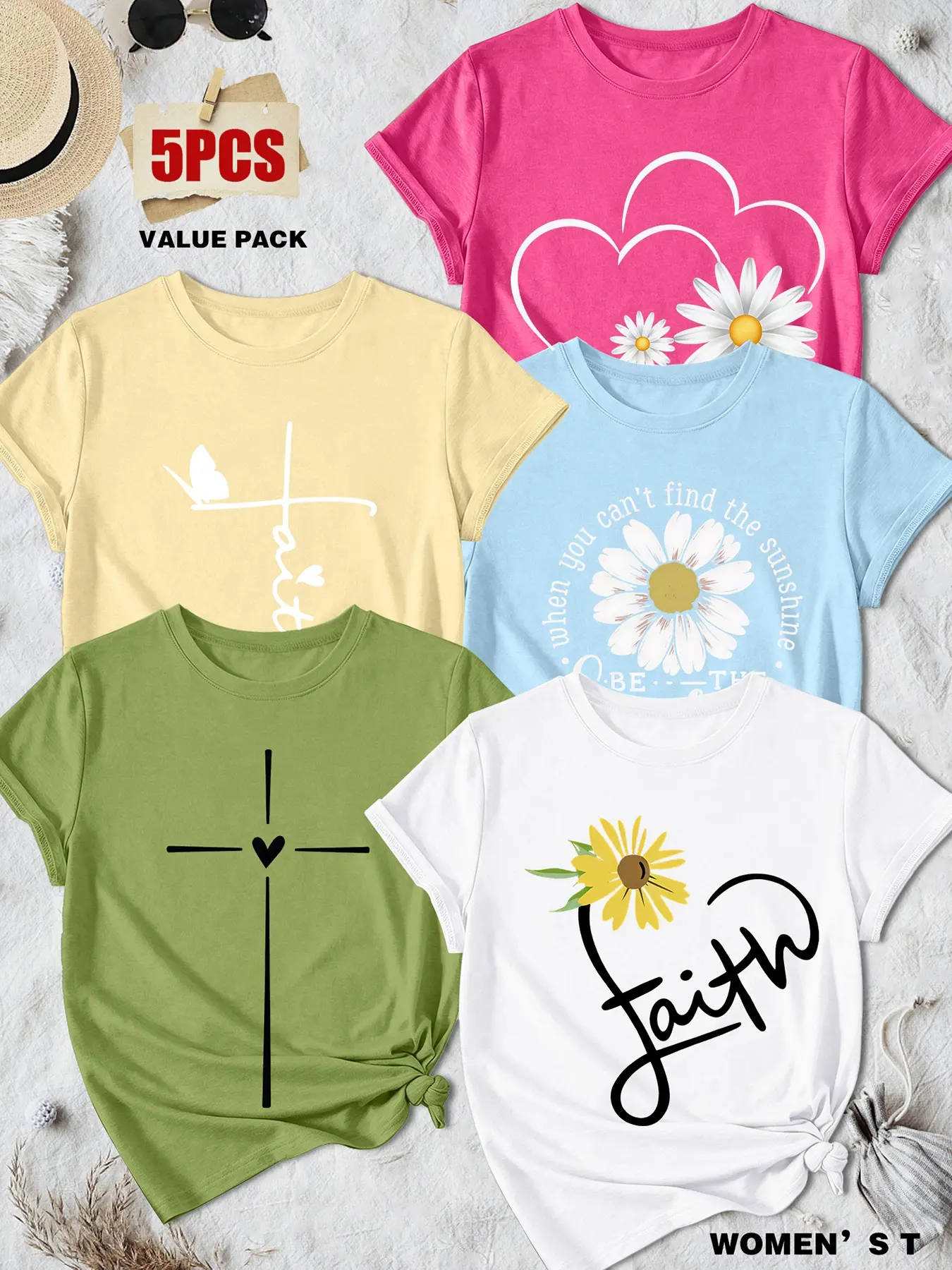 5Pcs Women Crew Neck T-shirt, Faith Cross Daisy Heart Minimal Religious Floral Text Print, Multi-color Washable Soft Spring Summer Daily Casual Fashion Top