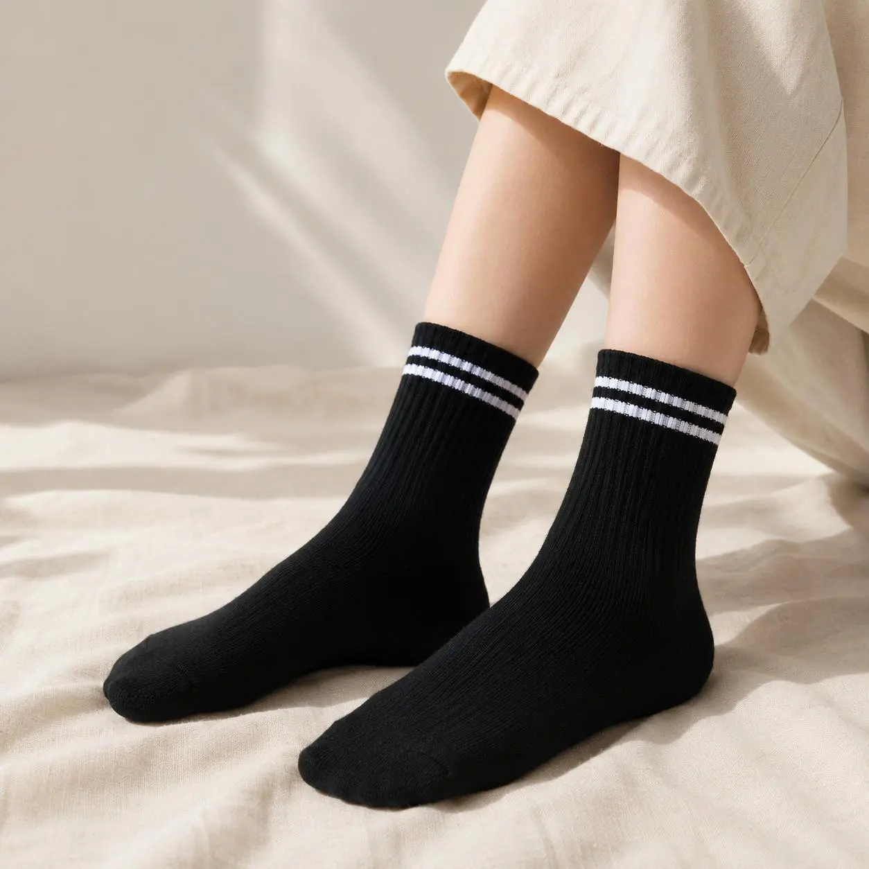 Classic ribbed mid-calf socks with double-stripe detailing; stretchy, comfortable cotton socks with vertical ribbing.Unisex style suitable for sports, travel, and everyday wear (suitable for all seasons).