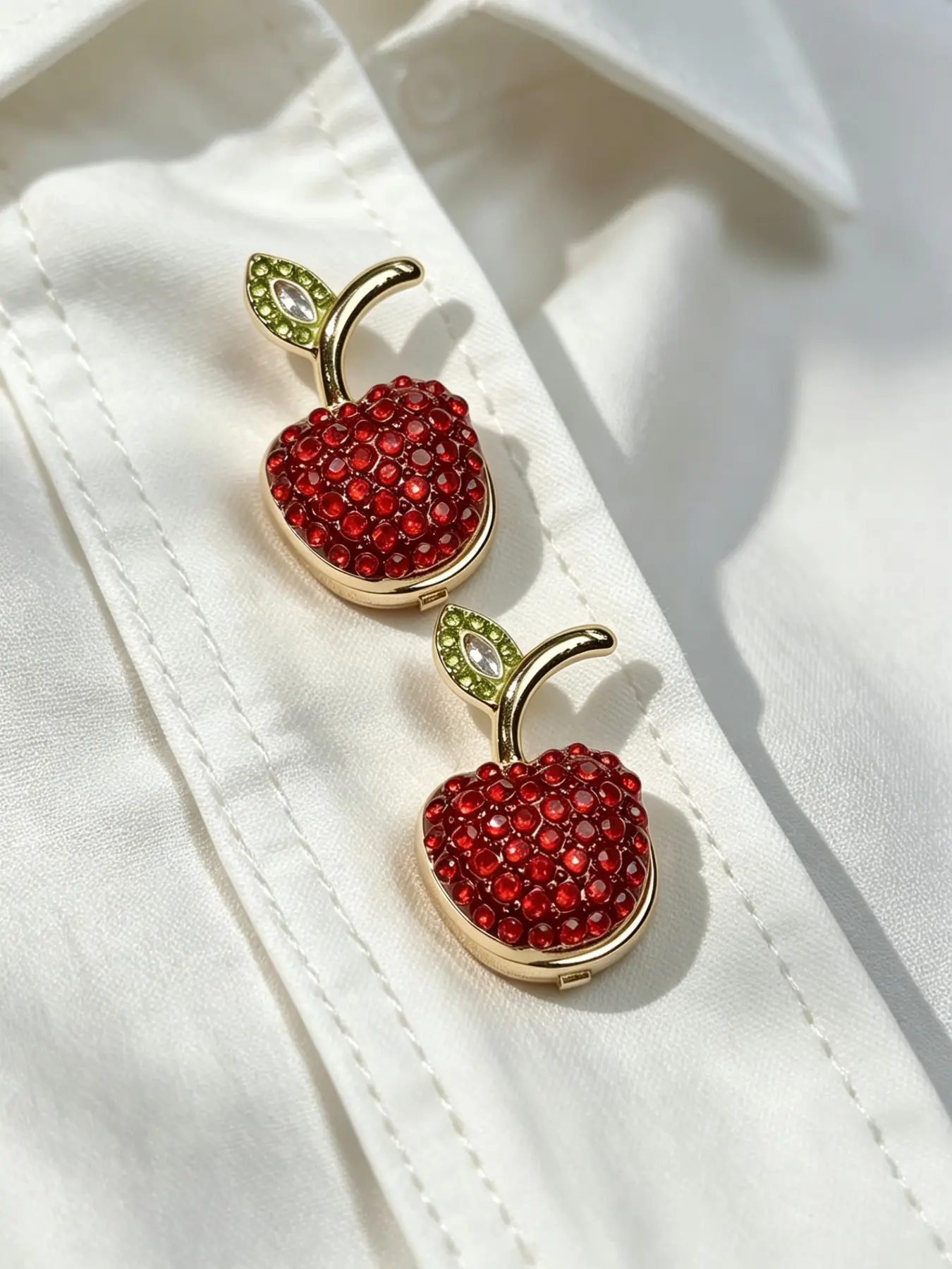2pcs Sparkling red cherry rhinestone embellished button cover, clip-on shirt button decoration, sewn-free detachable decorative buttons, a must-have for holidays and gifts, suitable for shirts, dresses and other clothing accessories.