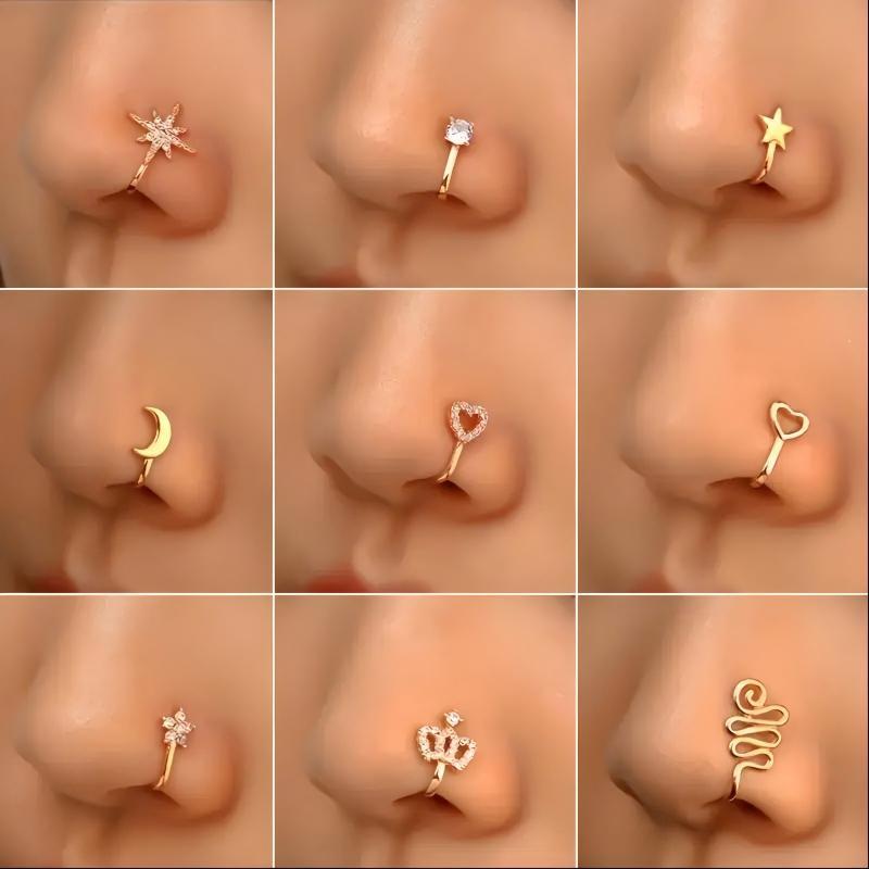 ARPURRAINA 9pcs Fashion Sparkle Fake Piercing Nose Rings Accessories - Copper & Stainless Steel Non-Piercing Clips (U-Shape, Star, Love, Crown, Cross) with Zirconia Rhinestones, Gold-Tone Punk Body Jewelry, Fashion Nose Rings,sohochic ARPURRAINA 9pcs Fashion Sparkle Fake Piercing Nose Rings Accessories - Copper & Stainless Steel Non-Piercing Clips (U-Shape, Star, Love, Crown, Cross) with Zirconia Rhinestones, Gold-Tone Punk Body Jewelry, Fashion Nose Rings,sohochic