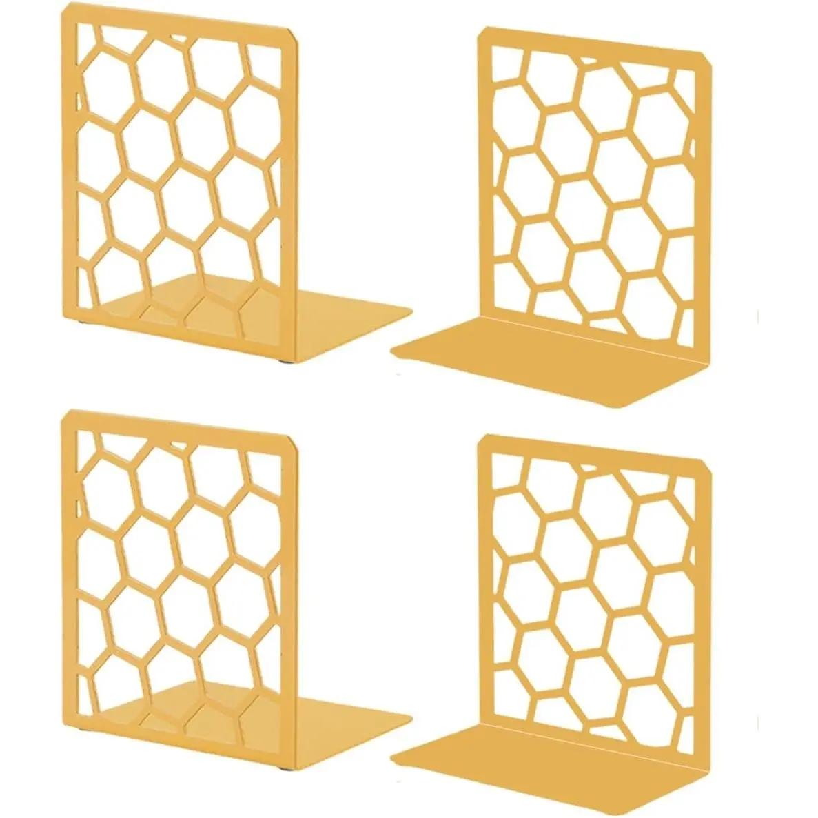 Hexagonal Gold Metal Decorative Bookends - Tall, Sturdy, Heavy-Duty Book Ends for Home Shelves, Modern Book Holder Stopper for Office, 6x3.25x6.25 In, 2 Pairs