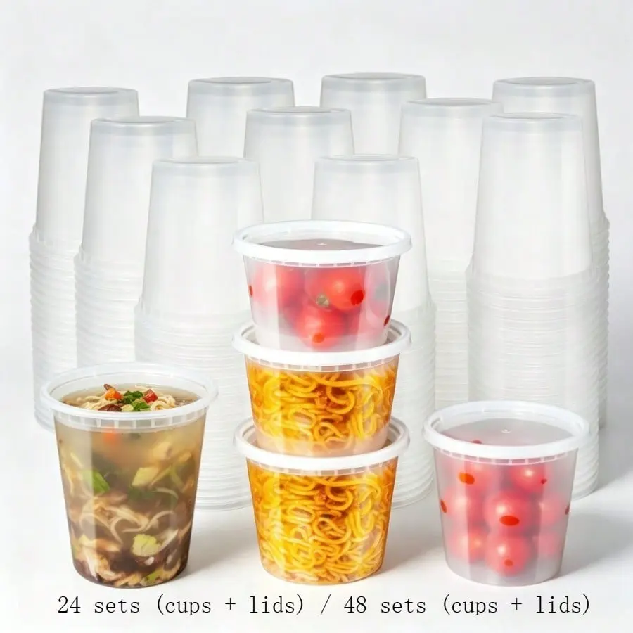 24/48pcs Disposable Clear Plastic Food Cups With Lids, 8/16/24/32oz Microwavable Freezable Takeout Containers For Soup Fruit Salad, Perfect For Camping Christmas Travel Catering