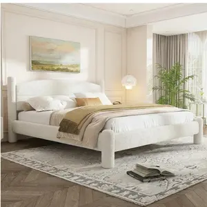 Full / Queen / King Size Cloud Bed Frame – Boucle Upholstered Platform Bed with Soft Round Headboard & Cylindrical Legs – Heavy Duty & Noise Free – No Box Spring Needed – Easy Assembly
