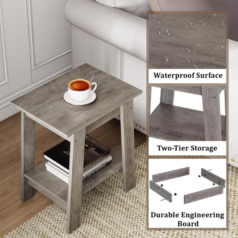 Farmhouse Rustic End Table with Storage Shelf, 2-Tier Narrow Accent Table for Living Room & Bedroom