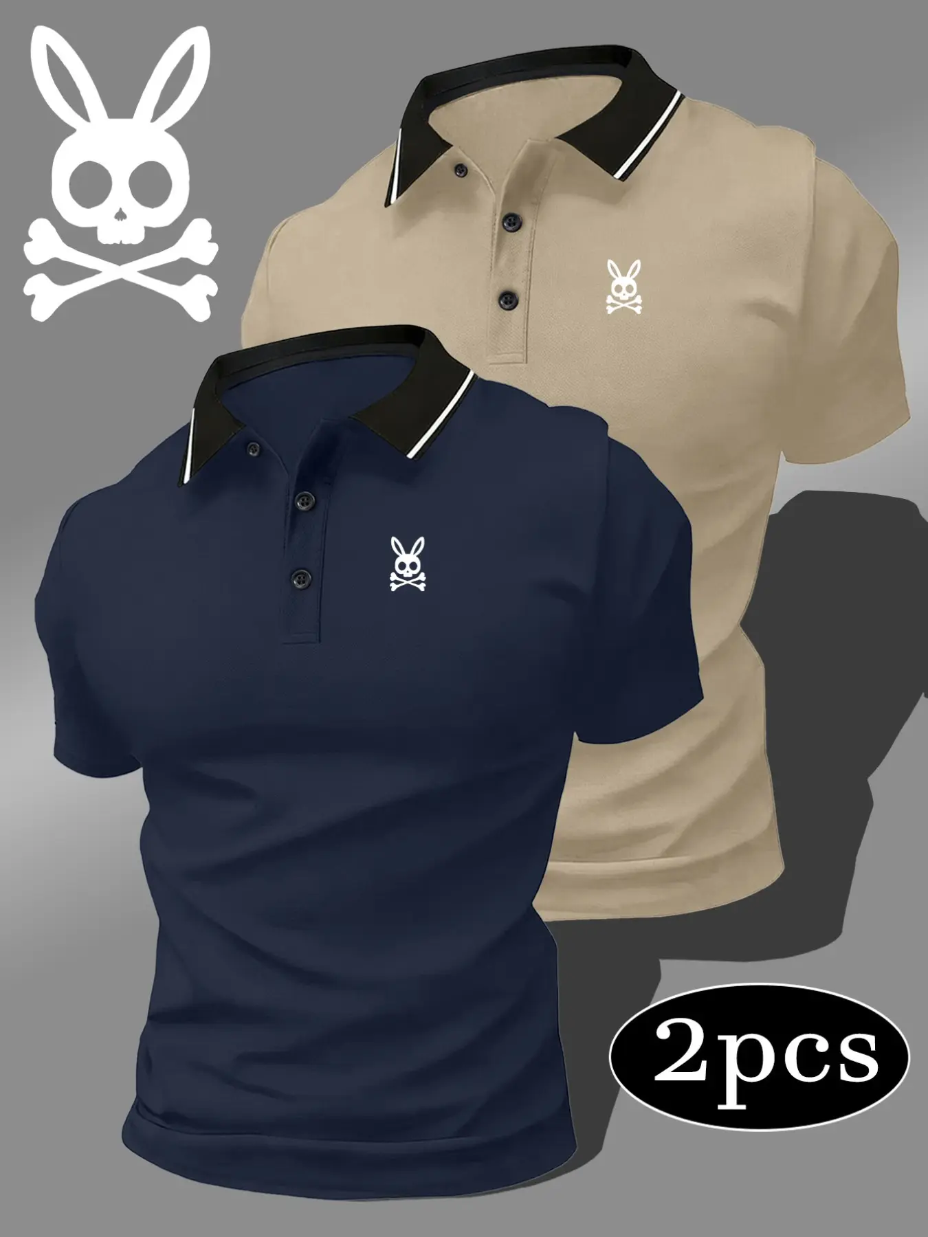 Men's Quick-Dry Athletic Breathable Sports Polo Shirt Set, Skull Rabbit Print, Breathable and Comfortable, Sporty Style, Short Sleeve, Fitted, Lightweight
