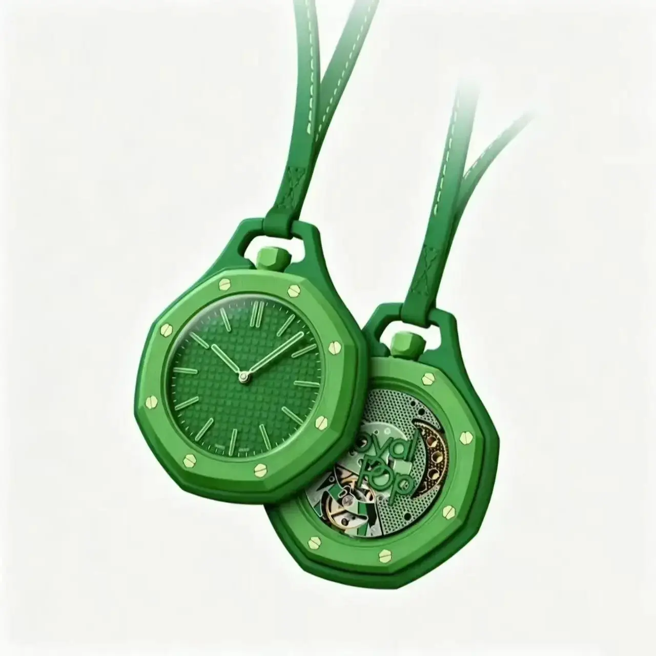 Pop Art Octagonal Pendant Watch, Quartz Necklace with Leather Lanyard, Contrast Color See-Through Face and Double-Sided View for Neckwear Decor, Compact