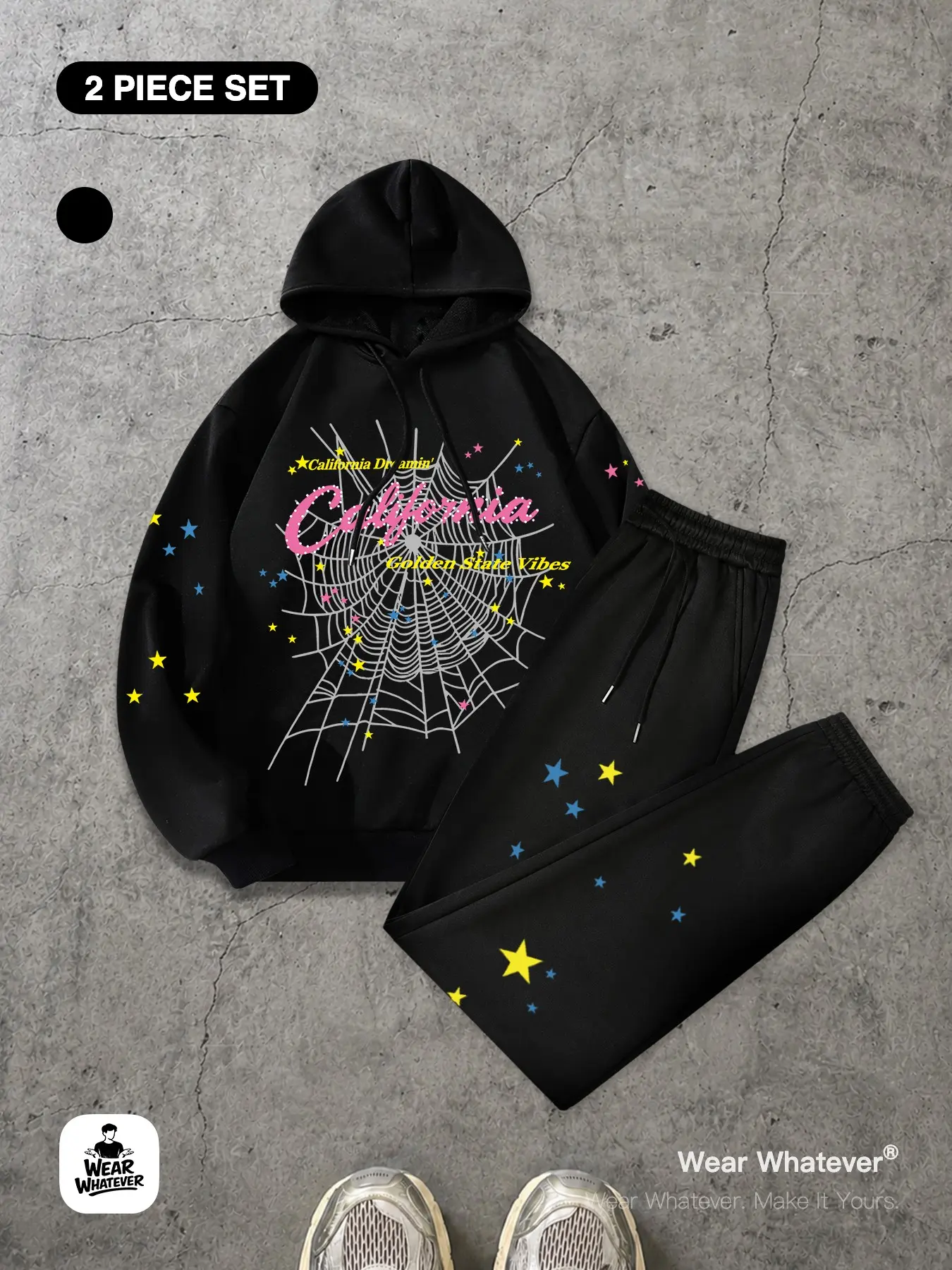 Streetwear Spider Web Star Letter Graphic Print 「2-Piece Set」 Sweatsuit Set Loose Pullover Hoodie + Fleece Pants, Casual Warm Breathable, Unisex Fashion
