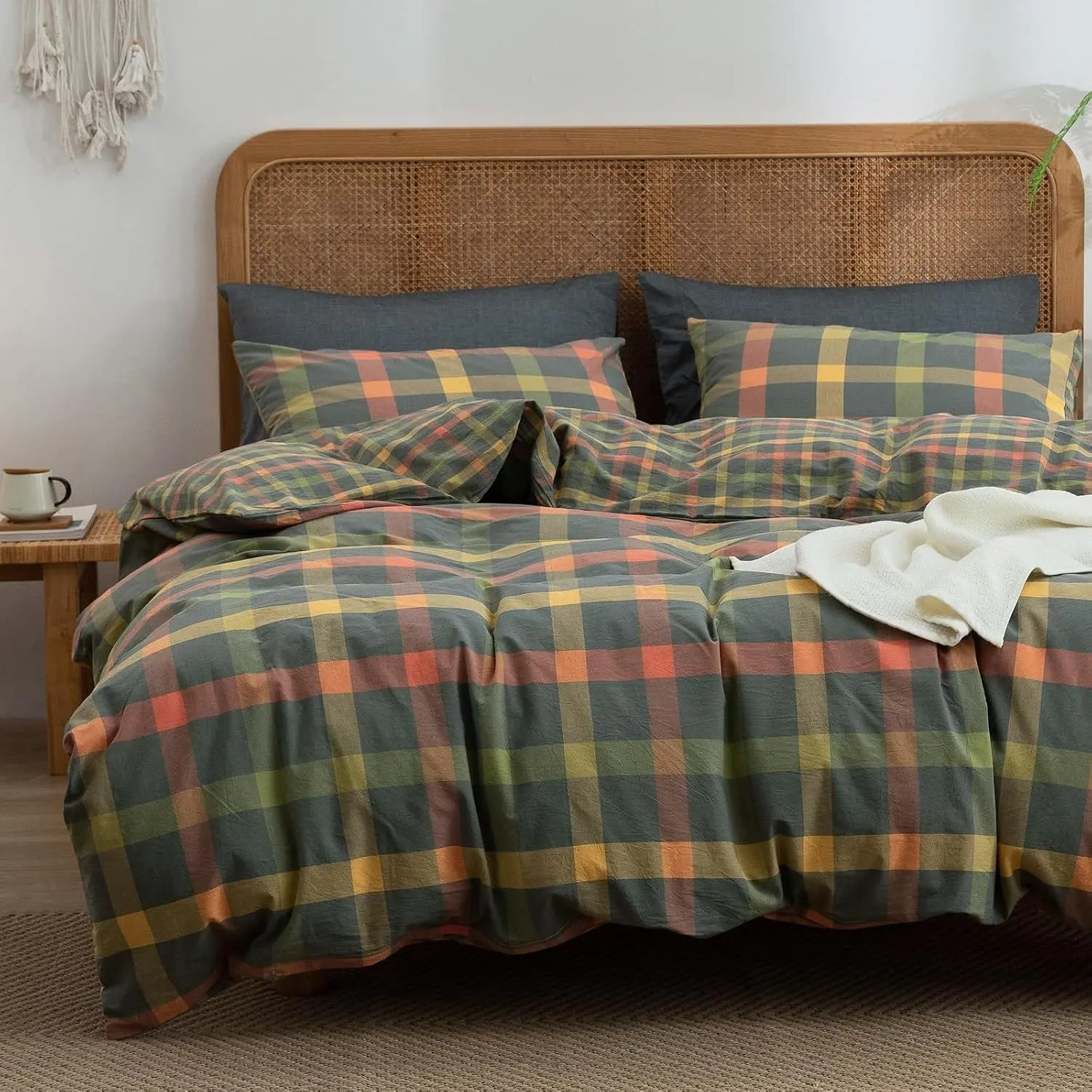 Plaid Duvet Cover Set Queen Washed Cotton Reversible Bedding Multicolor Buffalo Grid Duvet Cover with 2 Pillowcases for Men Women(Orange/Grey/Green,Queen)