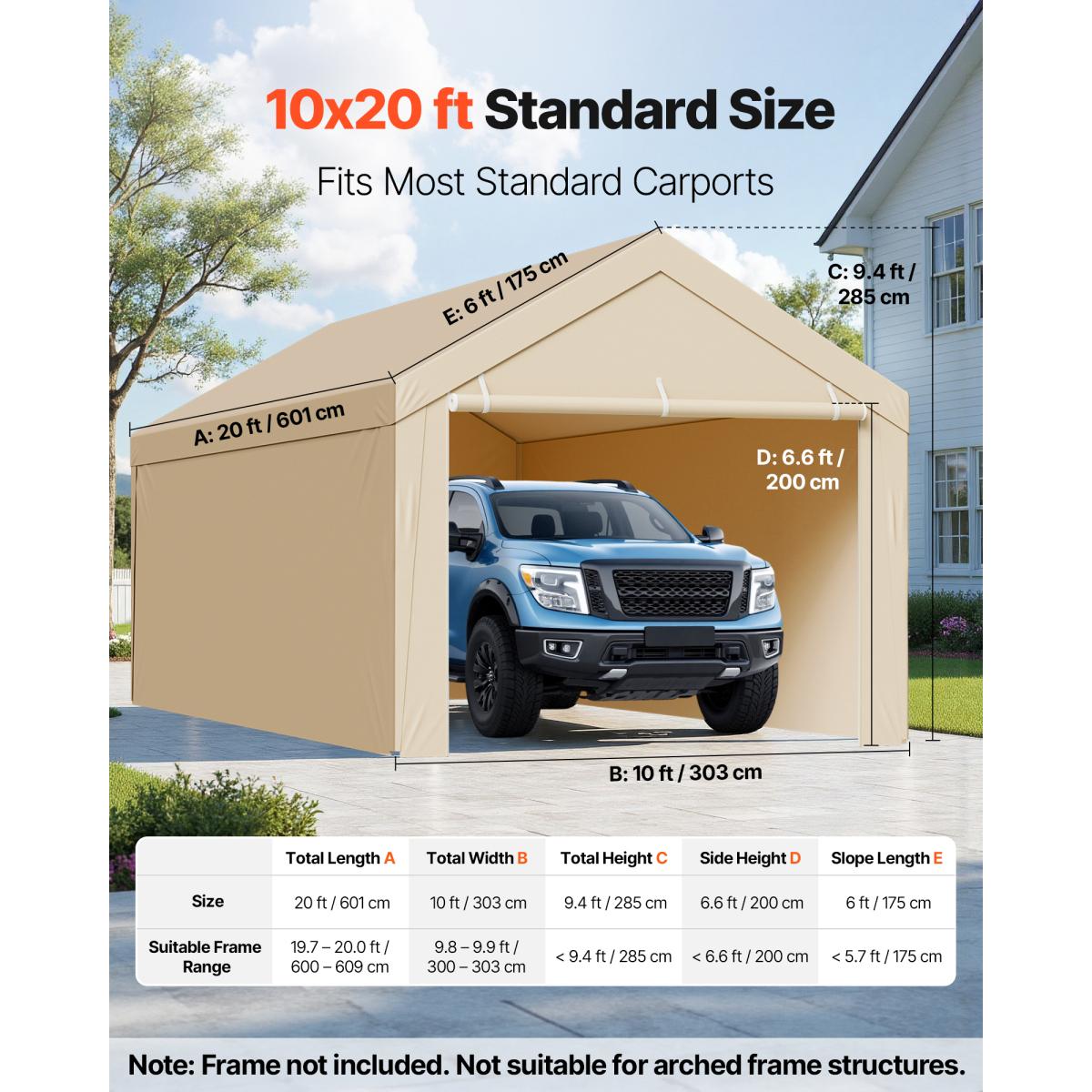 10 x 20 ft Carport Replacement Canopy Heavy Duty Waterproof UV-Resistant Portable Garage Tent Top Tarp with Sidewalls & Ball Bungees Beige Outdoor Vehicle Shelter Cover for Car Truck Patio Backyard Storage Sun Shade All Weather Protection Frame Not Includ
