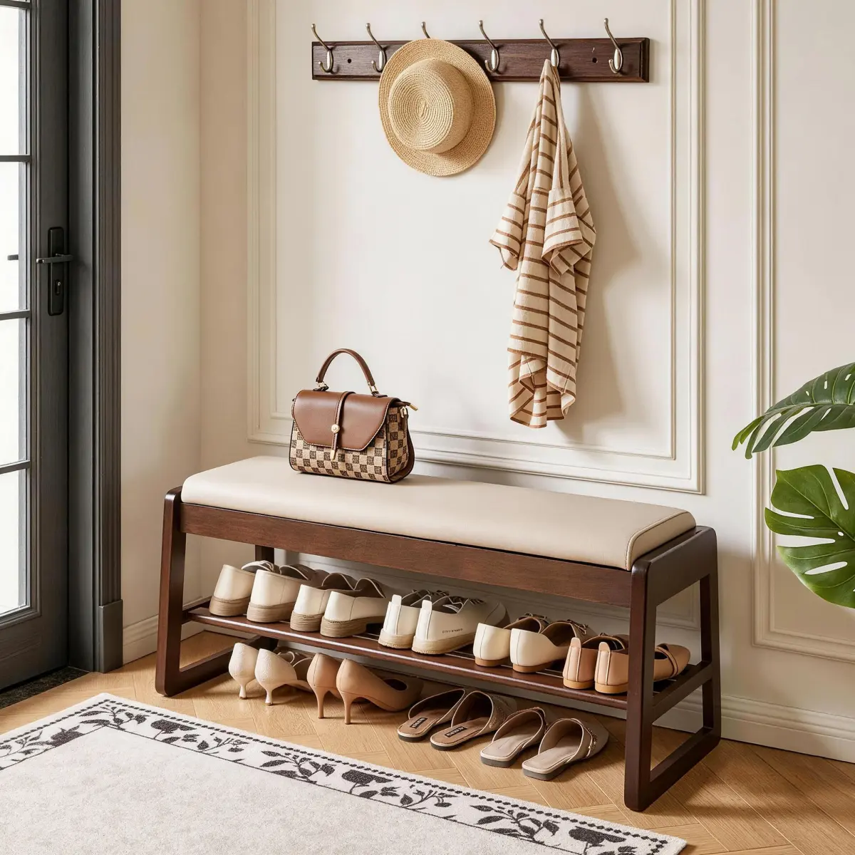 [Bellemave] 39.37"/31.5" Wood Shoe Storage Bench with Premium Vegan Leather Seat, Hidden Lift Top Storage Tiered Open Shoe Shelves, Sturdy Shoe Rack Bench for Entryway Bedroom
