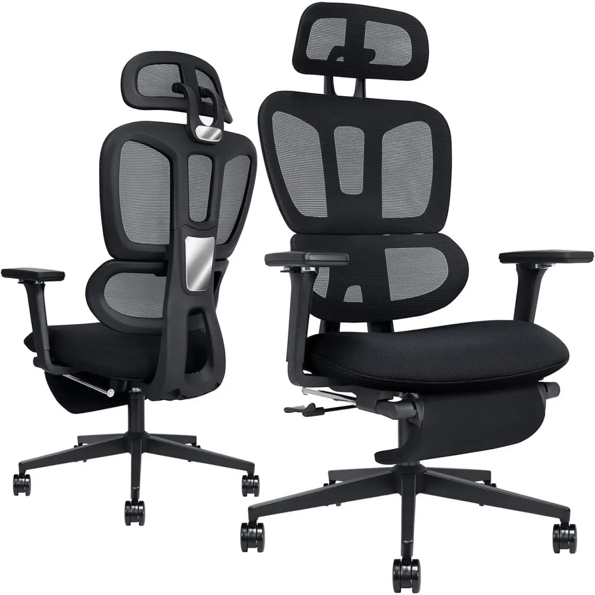 Ergonomic Office Chair with Footrest, High-back Computer Chair with Dynamic Lumbar Support, 2D Headrest & 4D Armrests, Sponge Cushion & Mesh Back, Home Office Chair for Adults, Black.