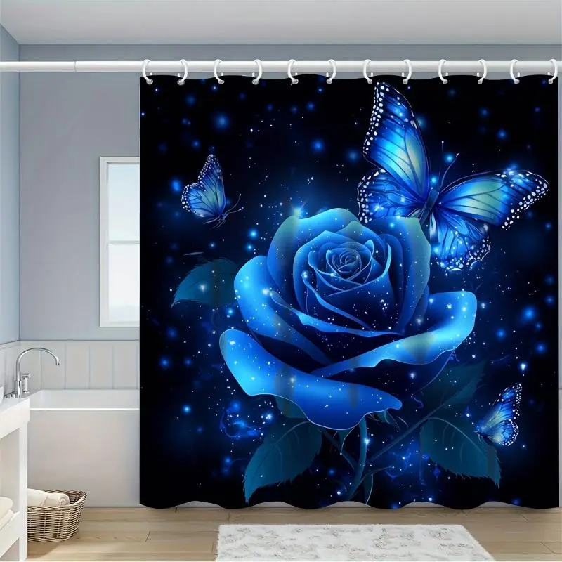 1/4PCS Blue Rose & Butterfly Bathroom Suite – Elegant Blue Roses & Butterflies Design, Includes Shower Curtain, Bath Mat, U-Shaped Mat, Toilet Lid Cover & 12 Hooks, Soft Fabric, 70.87x70.87 Inch Curtain, Complete Bath Decor Set