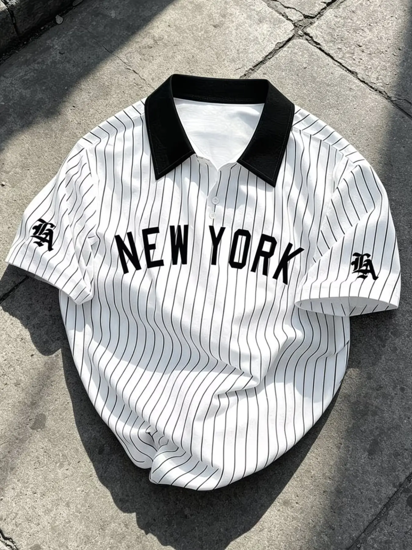 Men's Fashion Collared Buttoned Polo Shirt, Collared Polo Shirts, Button Up Polo, New York Letter Print Vertical Stripe Design Striped, Comfortable Unisex Casual Top, Perfect for Dates & Outdoors