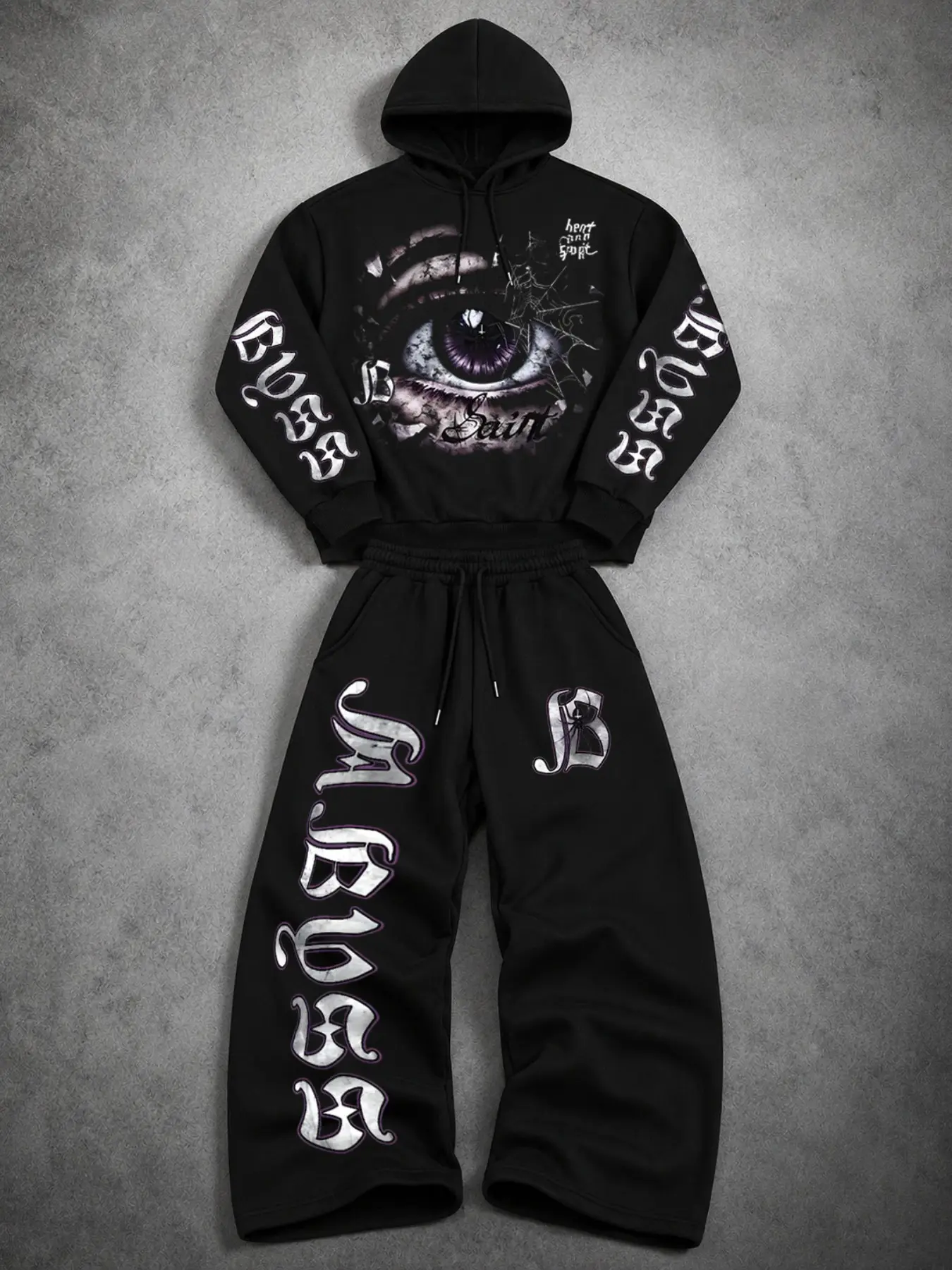 Men's Gothic‑style Two‑Piece Outfit: Hoodie & Wide‑Leg Sweatpants with Evil‑Eye and Spiderweb Prints. Fleece‑lined, loose‑fit dark streetwear. Vintage Gothic English‑letter prints on sleeves and vertical side prints on trousers. Sports set with adjustable