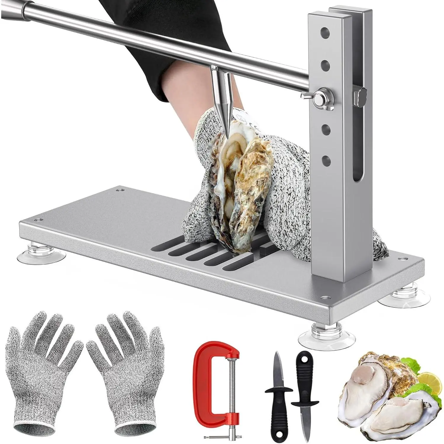 Adjustable Stainless Steel & Aluminium Oyster Clam Opener Machine Set, Kitchen Utensils with Shucker Knives, Glove, G-Clip for Hotel, Family Use, Metal