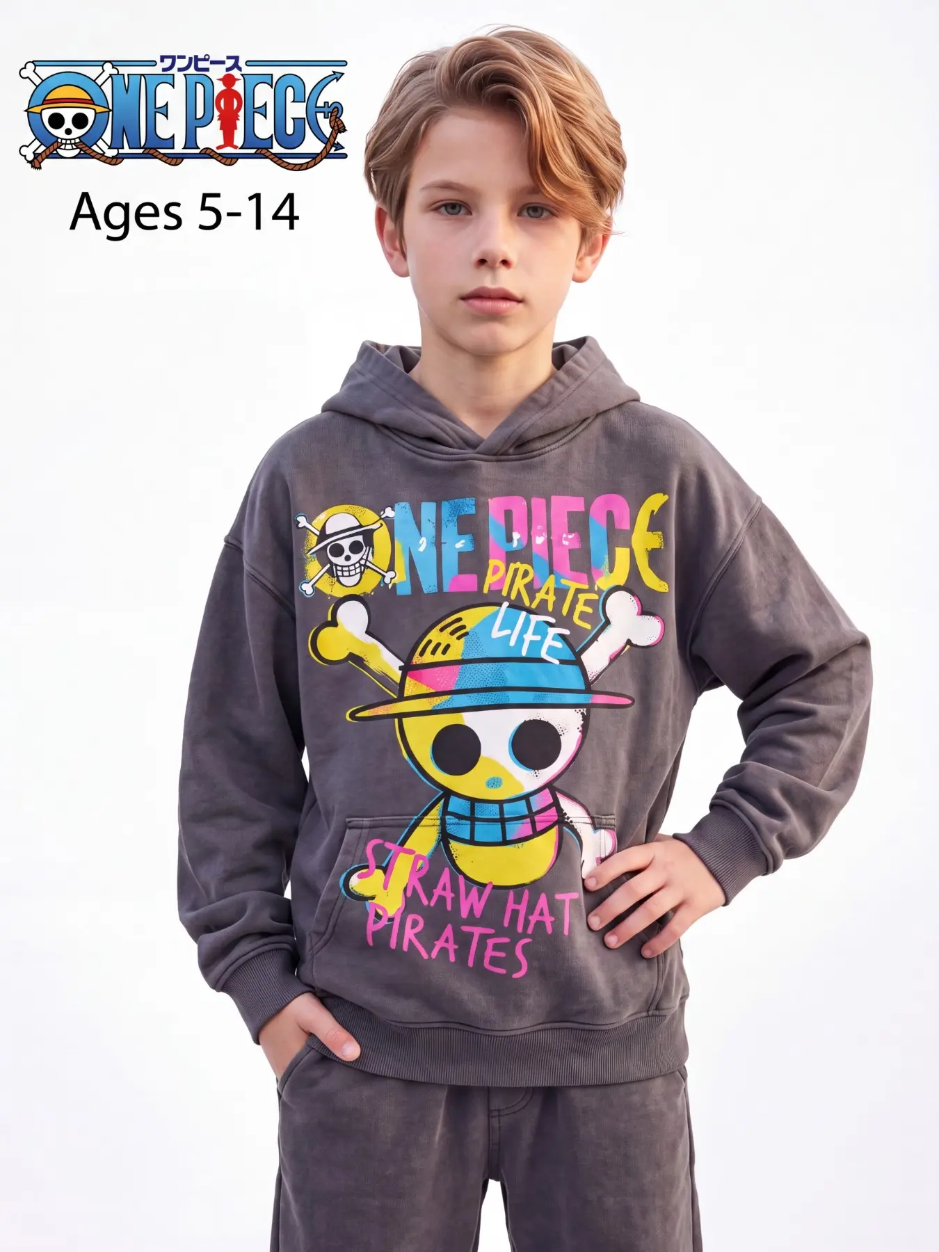 Authentic One Piece Anime Hoodie for Boys & Girls 1-14Y, Multi Color Washed Pullover Hoodie With Classic Straw Hat Jolly Roger Graphic, Casual Daily Kids Streetwear