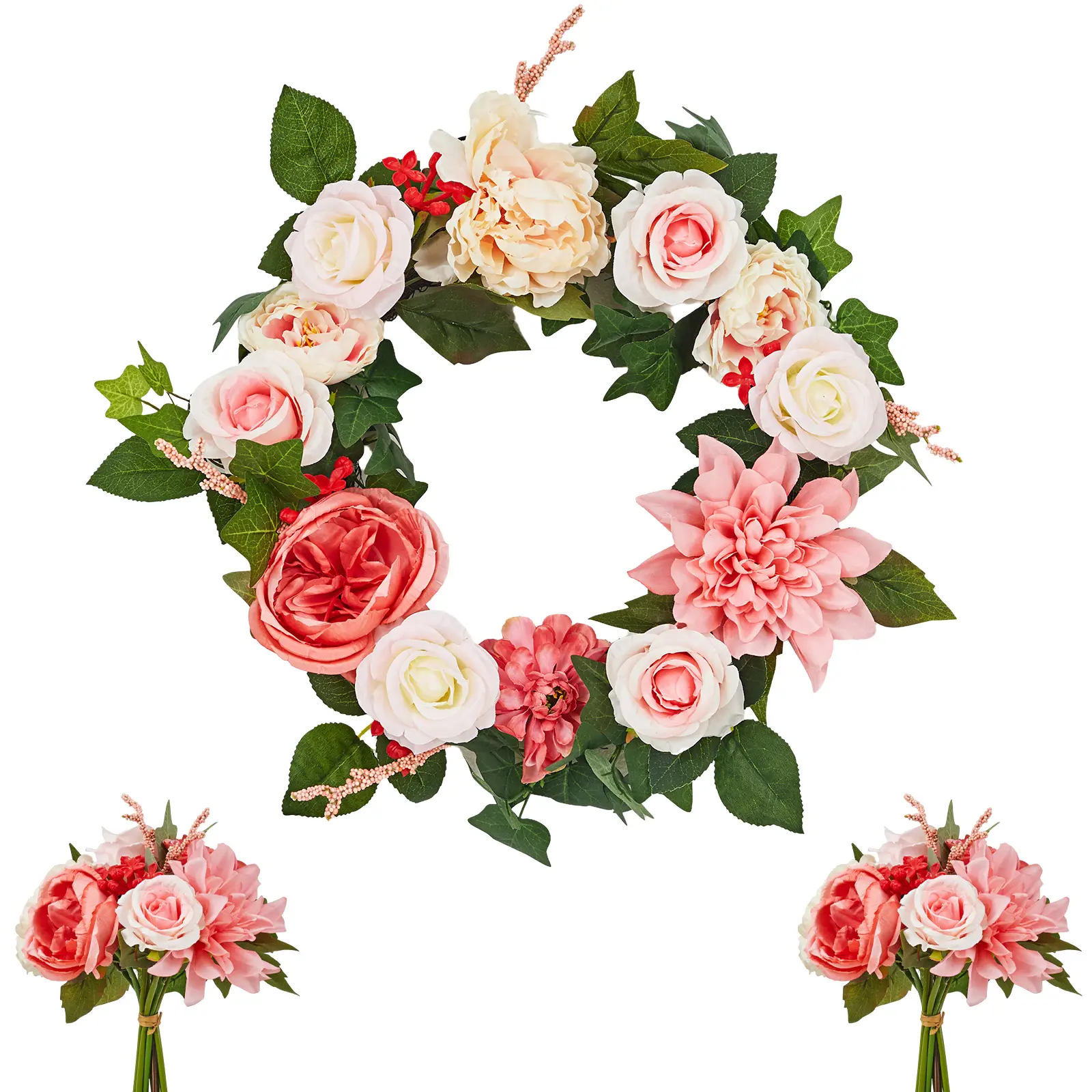 Gaomon 18-in Round Wreath Decorative Door Flower Set - Adjustable 22-in Real Rattan Base, Lush Peony,Dahlia,Tulip,Greenery,2 Silk-Plastic Bouquets,Fade-Resistant Farmhouse Home Decor for Spring Bloom,Wedding Event