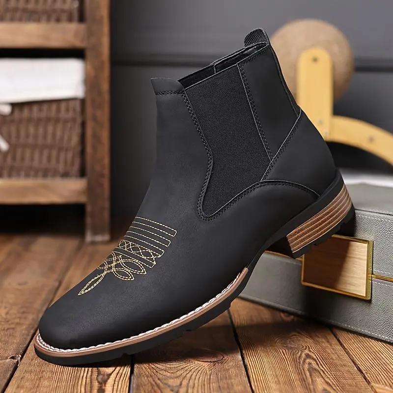 Men's Western Embroidered Chelsea Ankle Boots, Pull-On Elastic Gusset, Cowboy Style Casual Work Boots for American Men