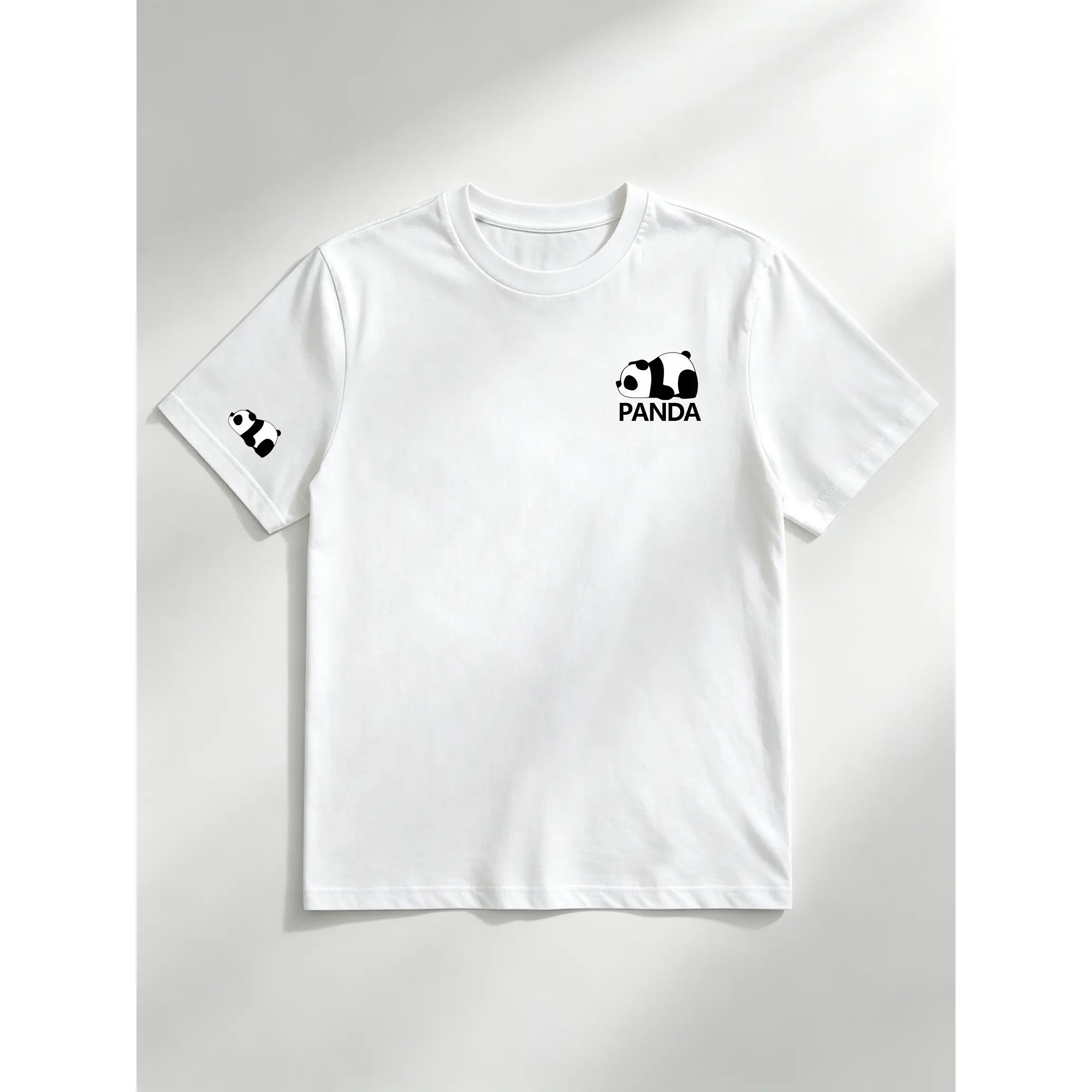 Minimalist Lazy Panda Graphic T-Shirt, Simple Black-White Panda Print Short-Sleeve Tee with Panda Pattern on the Chest and Sleeves, Casual Aesthetic Streetwear Top for Men and Women, 100% Cotton.