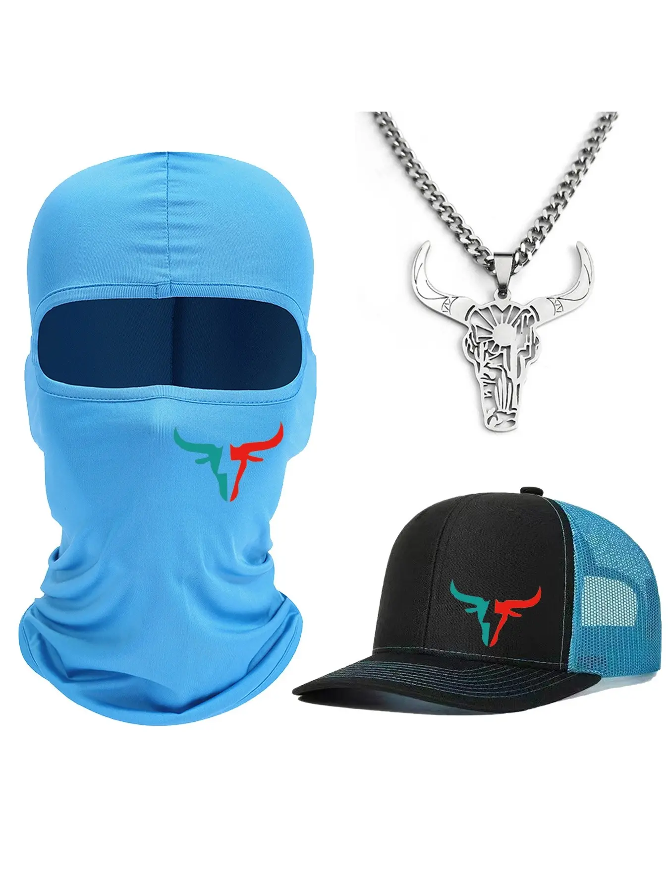 3pcs Sets 1pc Bull Head Necklace+1pc Ski Mask+1pc Unisex Baseball Cap Bull Head Printing Hat Mesh Hats for Mens Women Richardson Slightly Curved Brim Baseball Cap Adjustable Trucker Hats Dad Hats Outdoor Mesh Breathable Sun Hat