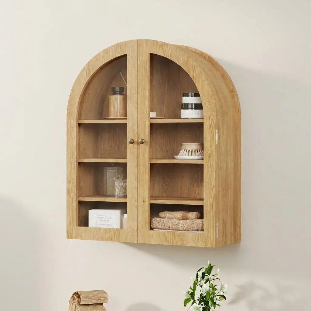 Modern Arched Wall Mounted Medicine Cabinet, Space-Saving Bathroom Storage Organizer with Adjustable Shelf & Tempered Glass Doors, Multipurpose Display Cabinet for Bathroom, Kitchen, Living Room, Black