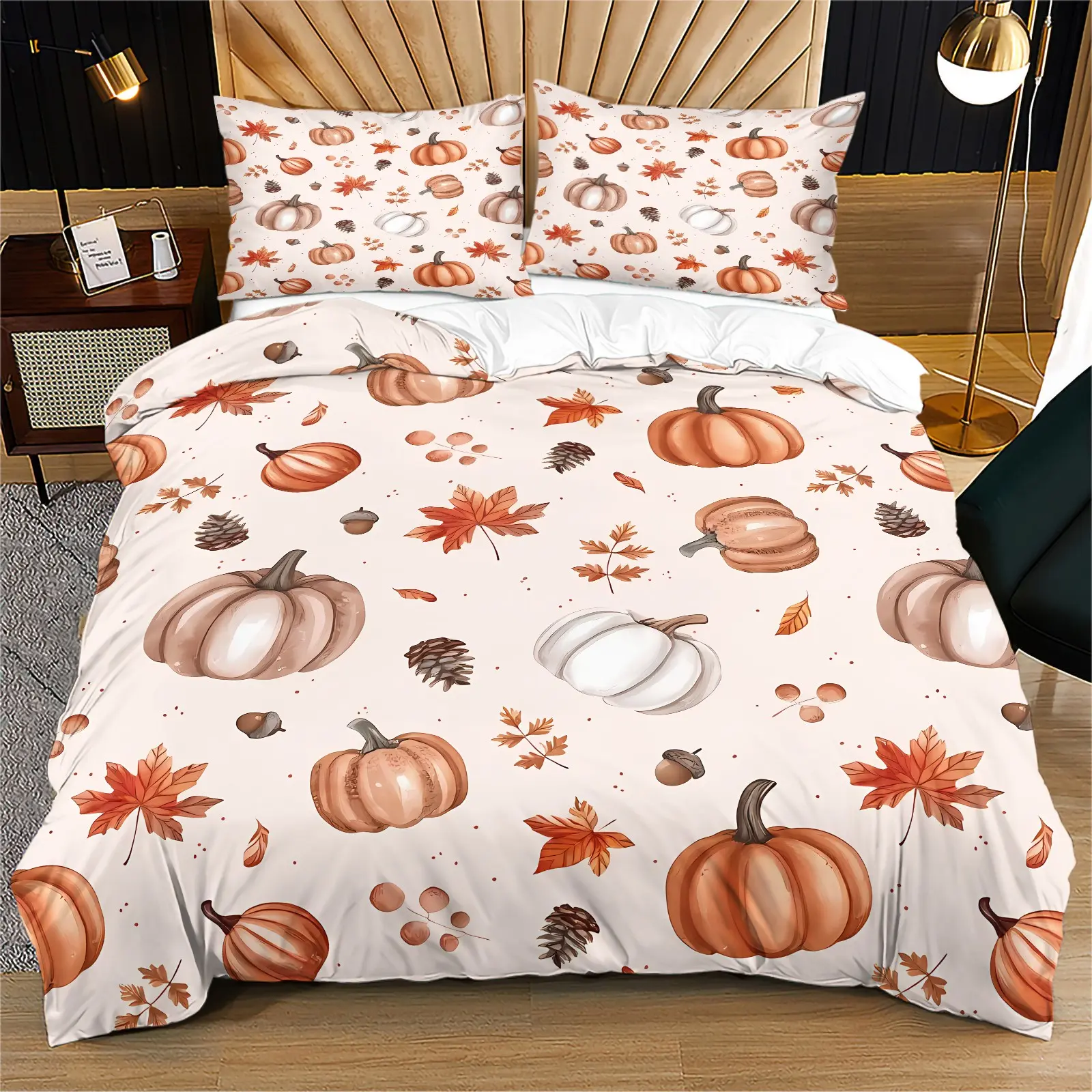 White Base Watercolor Pumpkin Maple Pinecone Print Duvet Cover Set, Bedding Set, Soft Digital Fall Bedding, Zipper & Corner Ties, Machine Washable, Includes 1/2 Pillowcases - without Core, Autumn Harvest Bedroom Decor Gift