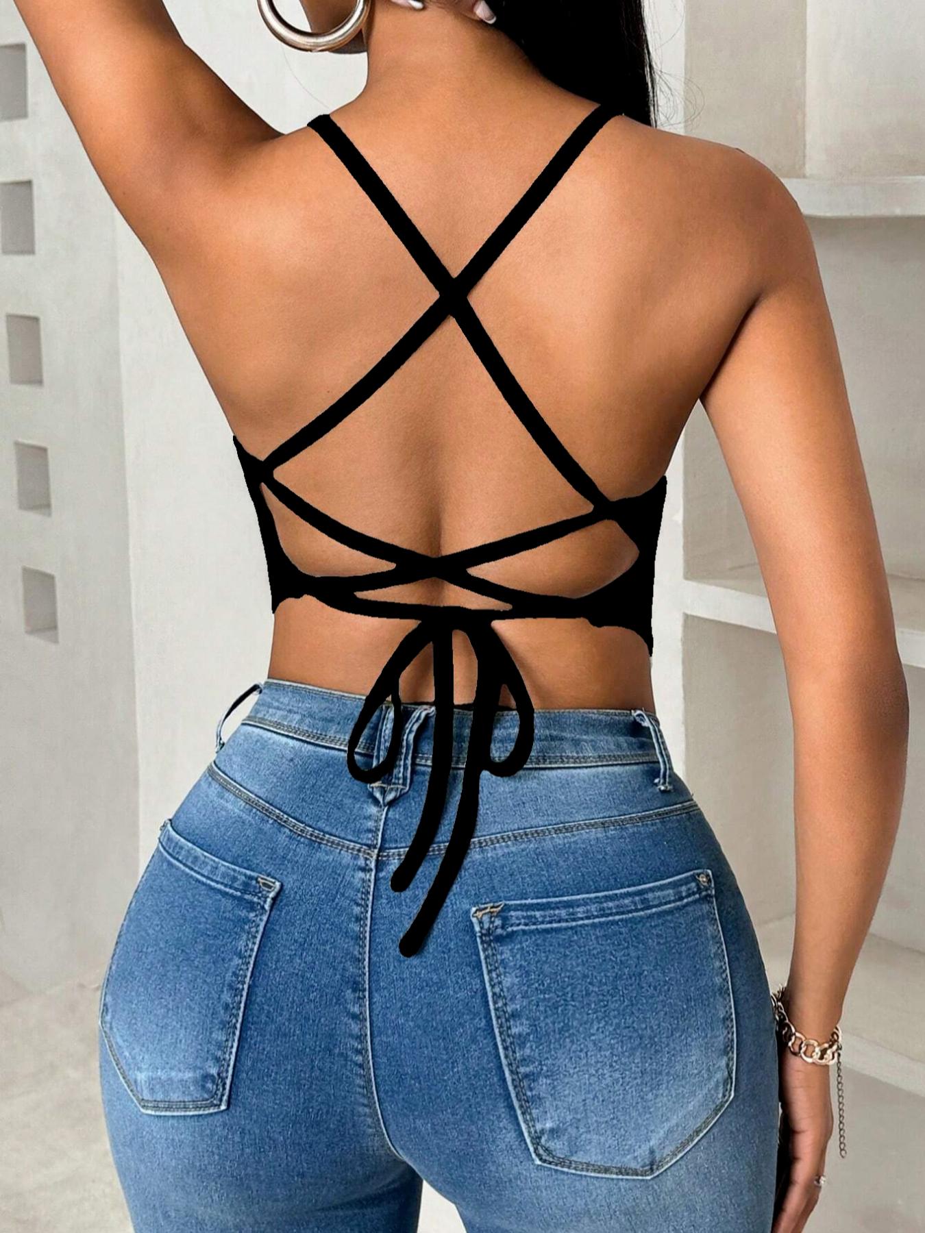 Women's Plain Lace Up Backless Asymmetrical Hem Knitting Fabric Cami Top, Casual Sleeveless V Neck Top for Summer, Ladies Clothes for Daily Wear, Womenswear