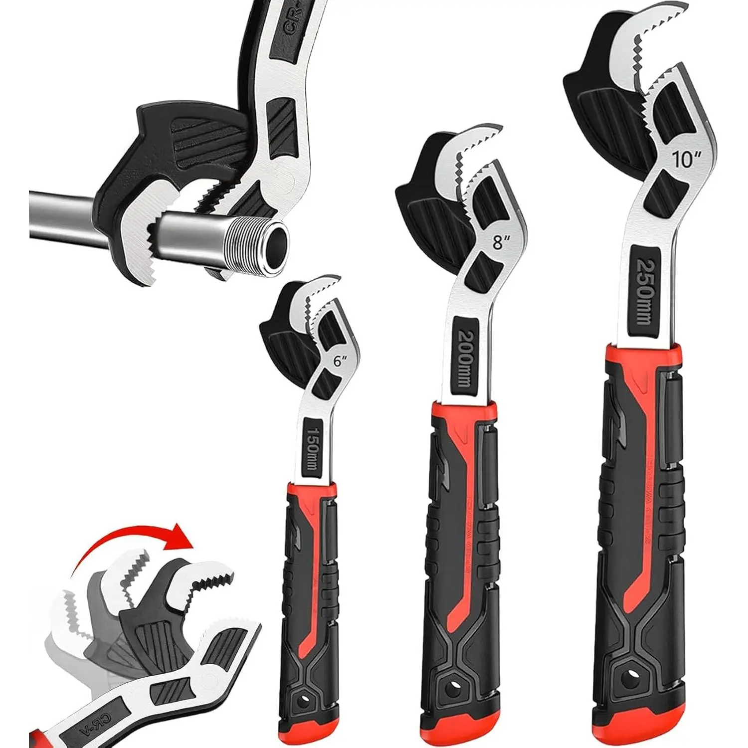 6" 8" 10" Multi-function Self-locking Pipe Wrench Set, Chromium Vanadium Steel,Plumbers Wrench with Self Tightening Function 9/32"-1 3/8" (7-35mm) Pipe tings and Nuts (1set)