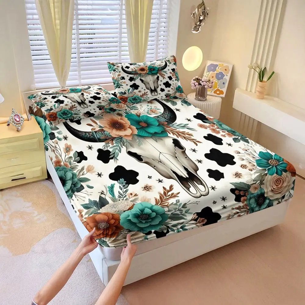 3Pcs Boho Floral Cow Skull Print Fitted Sheet Set (1 Fitted Sheet, 2 Pillowcases). Digital Printed Bed Sheet Set, Soft & Breathable Western Farmhouse Bedding for All Season Home Decor. Bedsheet