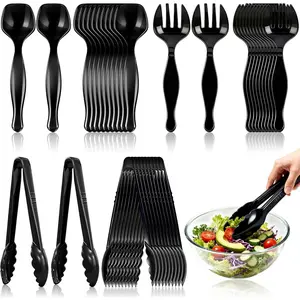 36Pcs Disposable Plastic Serving Utensils Set, 12 Black Spoons, 12 Forks, 12 Tongs, 9-Inch for Party Buffet Catering Events, Heavy Duty and Ergonomic Design