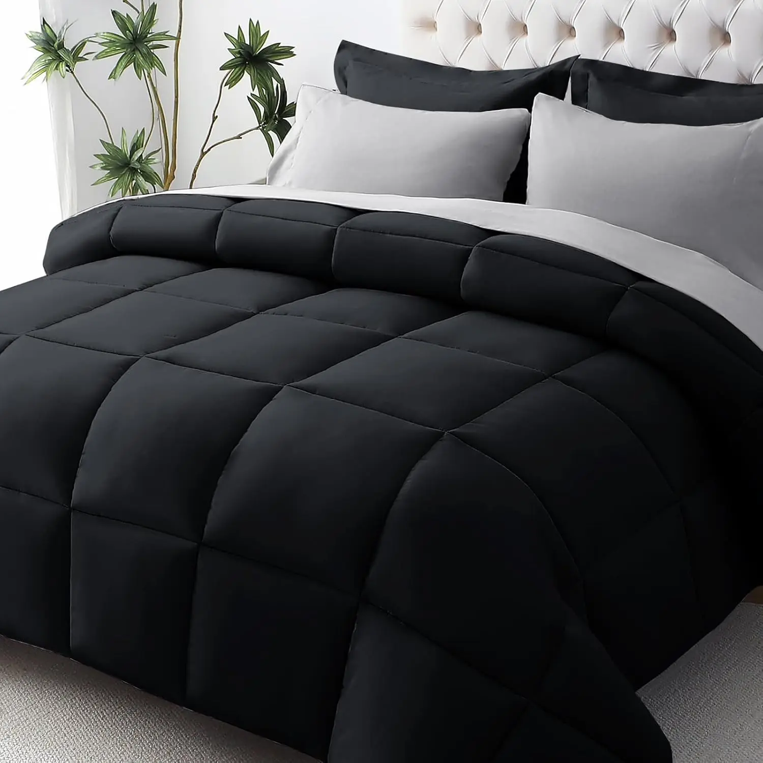Queen Comforter Set, Ultra-Soft Bed in a Bag Queen Size 7 Pieces, Oeko-TEX Certified Bedding Set with Down Alternative Comforter, Sheets, Pillowcases & Shams, Black & Light Grey