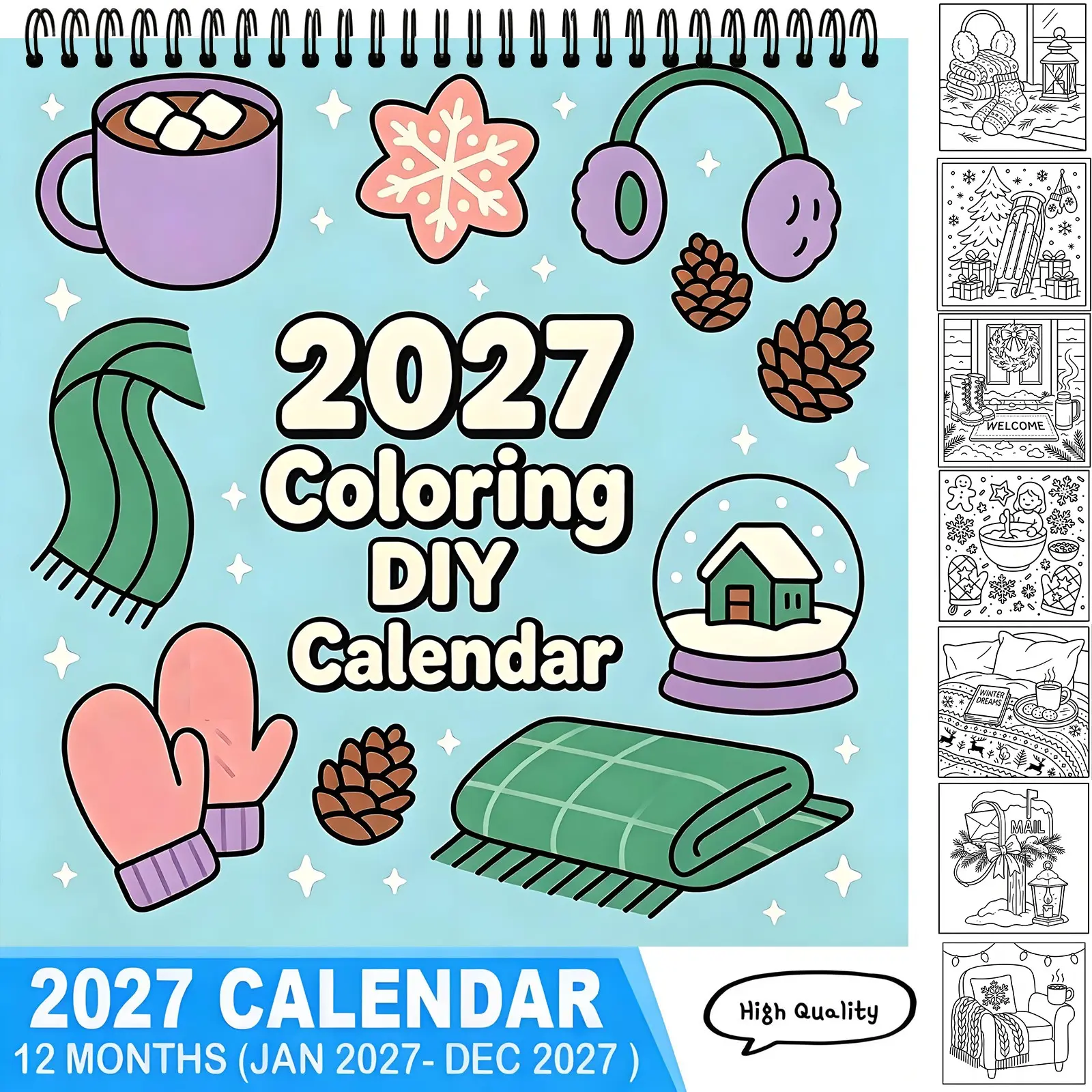 2027 Cozy Winter Warm Hot Cocoa DIY Coloring Wall Calendar 12 Months Stress Relief Relaxing Hand-drawn Line Art Kawaii Snowflake Scarf Theme Art Craft Gift for Adults Kids,TikTokMadeMeBuyIt,Coloring Calendar,Kids Calendar,Coloring page calendar
