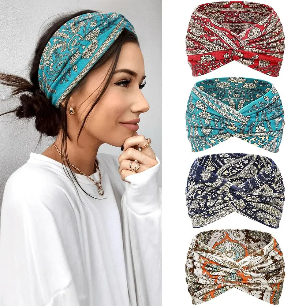 Women's Boho Style Elastic Headbands Set, 4 Pcs Wide Band Tie Dye Hair Bands, Vintage Design for Sports, Yoga, Makeup, Spa, Daily Fashion, Breathable Workout Hairband, Boho Stretch Headbands