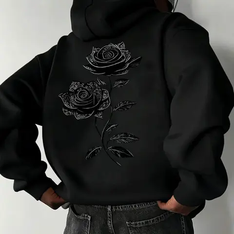 Oversized Drawstring Hoodie with Pocket, Dual Vintage Black Rose Line-Art Prints on the Chest and Back, Soft Long-Sleeve Casual Gothic Streetwear Sweatshirt #RosePrintHoodie #GothicStreetwear #DarkAestheticTop #DualPrintHoodie