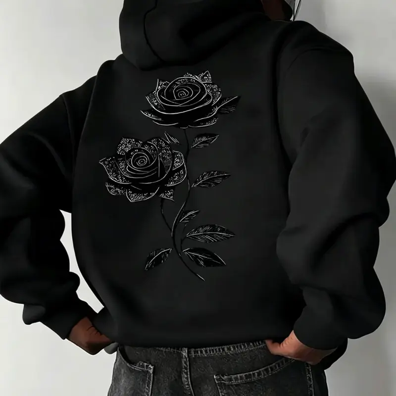 Oversized Drawstring Hoodie with Pocket, Dual Vintage Black Rose Line-Art Prints on the Chest and Back, Soft Long-Sleeve Casual Gothic Streetwear Sweatshirt #RosePrintHoodie #GothicStreetwear #DarkAestheticTop #DualPrintHoodie