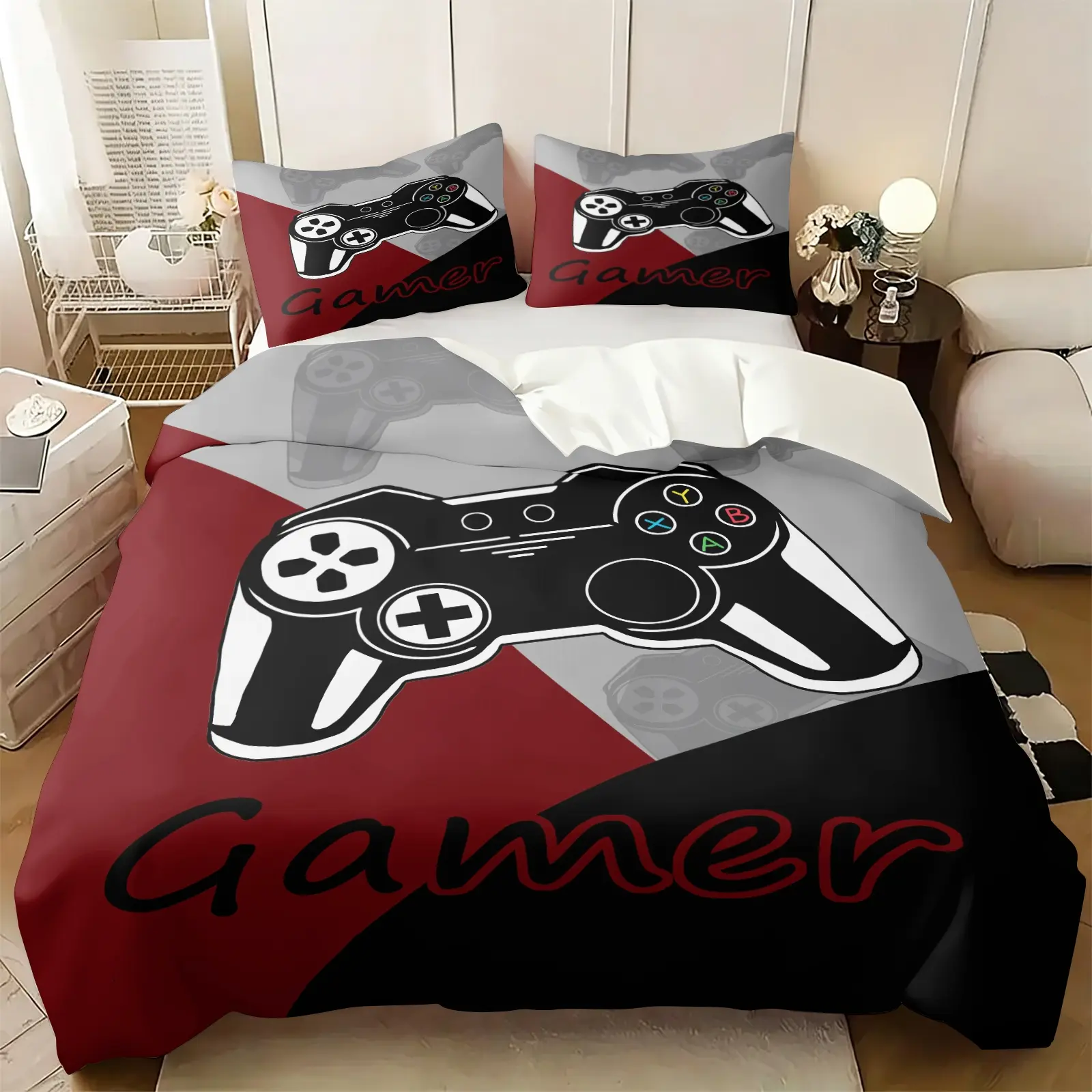 Retro Block Color Gamer Gamepad Duvet Cover Set, Includes 1-2 Coreless Pillowcases, Soft Skin-Friendly Breathable, Washable & Wrinkle Resistant, Classic Gamepad & Gamer Print, Decor For Boys Gaming Bedroom & Dorm, Perfect Gift for Gamers