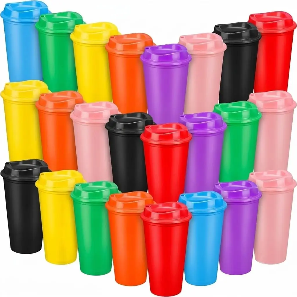 24 Pack  Coffee Cups with  - 16 oz Bulk Coffee Mugs Plastic Travel Mugs for Cold Drinks, Dishwasher Safe, To-Go Coffee Cups for Parties, Birthdays and Holidays (Multicolor)