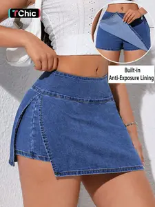 GILIPUR Women's Light Blue Washed Side Slit Wrap Denim Skort, Low-Rise Slim Fit Bodycon Mini Skirt with Attached Anti-Exposure Shorts, Y2K Aesthetic Casual Streetwear Summer Beach Daily Club Party Outfits for Women TChic