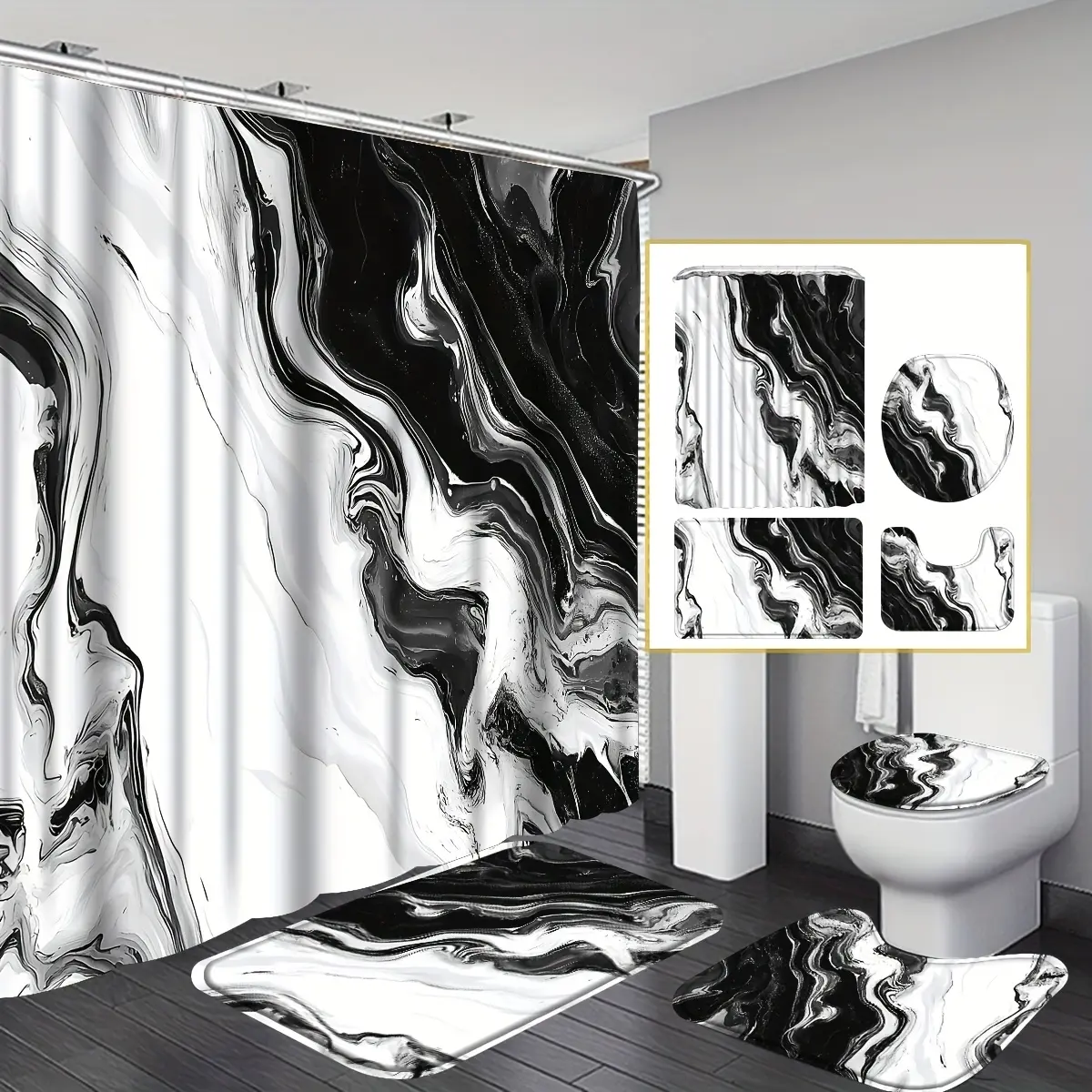 Black and white marble bathroom accessory set, including 4 pieces: shower curtain, non-slip, toilet cover and U-shaped storage rack. Designed with modern abstract art