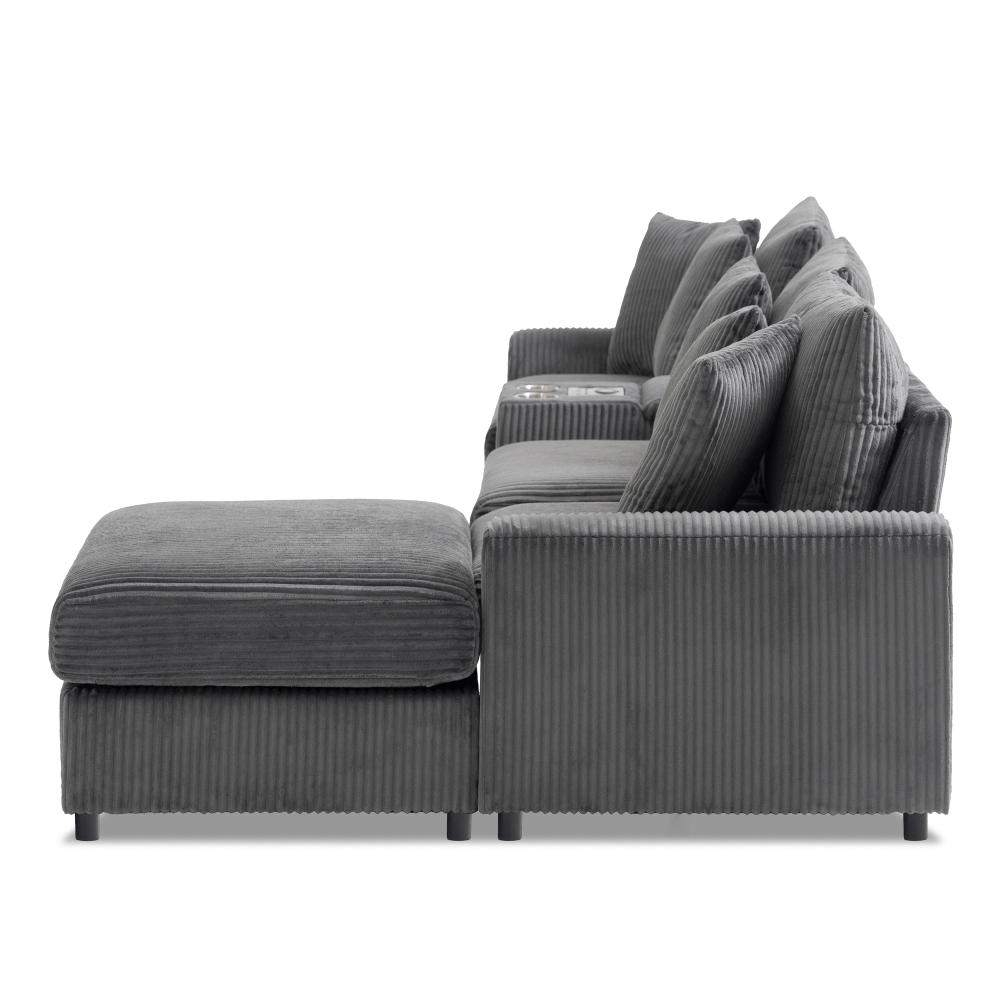 112'' Corduroy Sectional Sofa with Bluetooth Speakers, L-Shaped Couch with Console, USB Charger, Cup Holders, Storage, Ottoman, Deep and Wide Seat Cloud Sofa for Living Room & Apartment