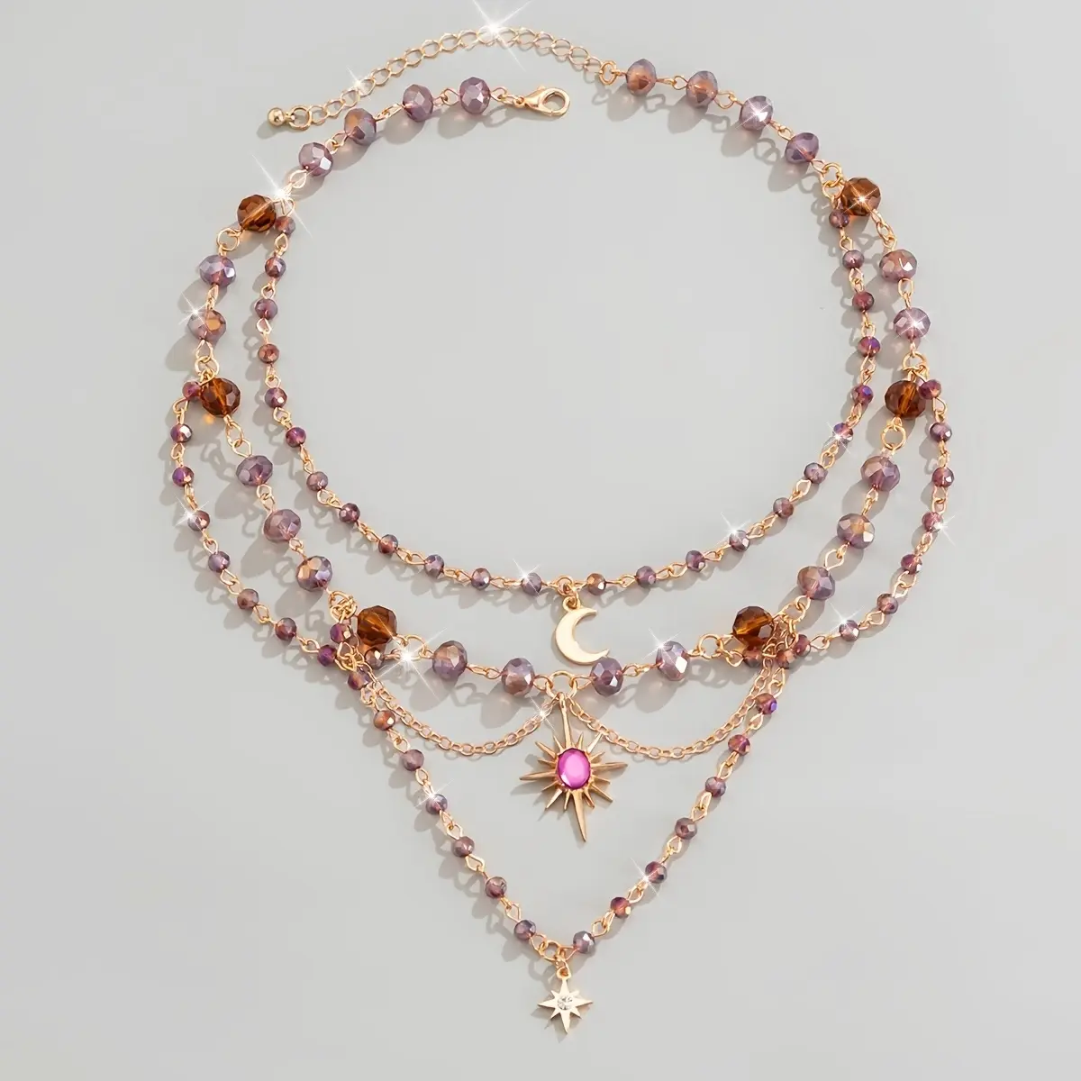 Women's Elegant Multi-Layer Gradient Purple Coffee Crystal Bead Necklace - Cuban Link Chain, Sparkly Sun-Moon-Star & Heart Charms, Gold-Metal Coating, Gothic Hippie Daily Female Stackable Costume Jewelry