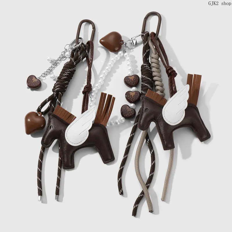 Winged Little Horse Bag Charm, Vintage Brown Leather Pony Keychain with Heart Pendant Pearl Chain, Cute Aesthetic Backpack Decor Key Accessory for Women